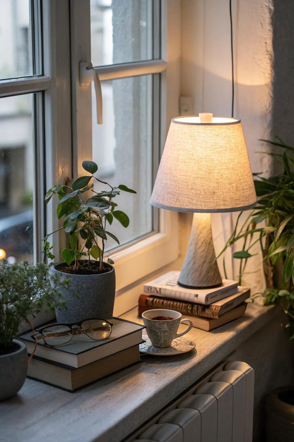 An illumination source situated on the windowsill delivers both utility and aesthetic sense.