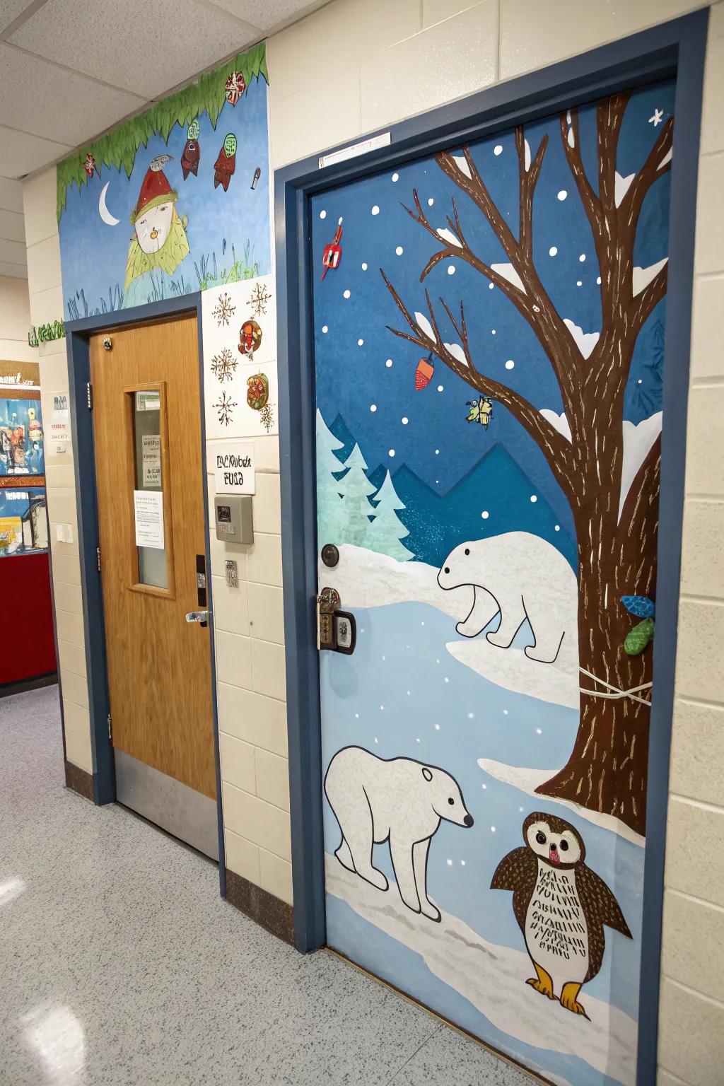 A winter fauna domain imparts didactic charm to this doorway