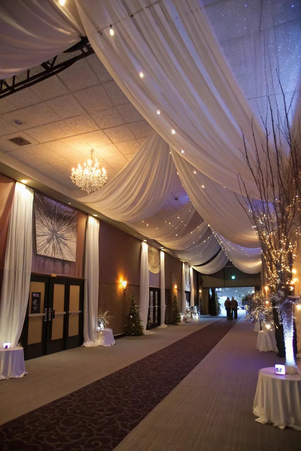 Sophisticated textile hanging transforms your venue into an extravagant space.