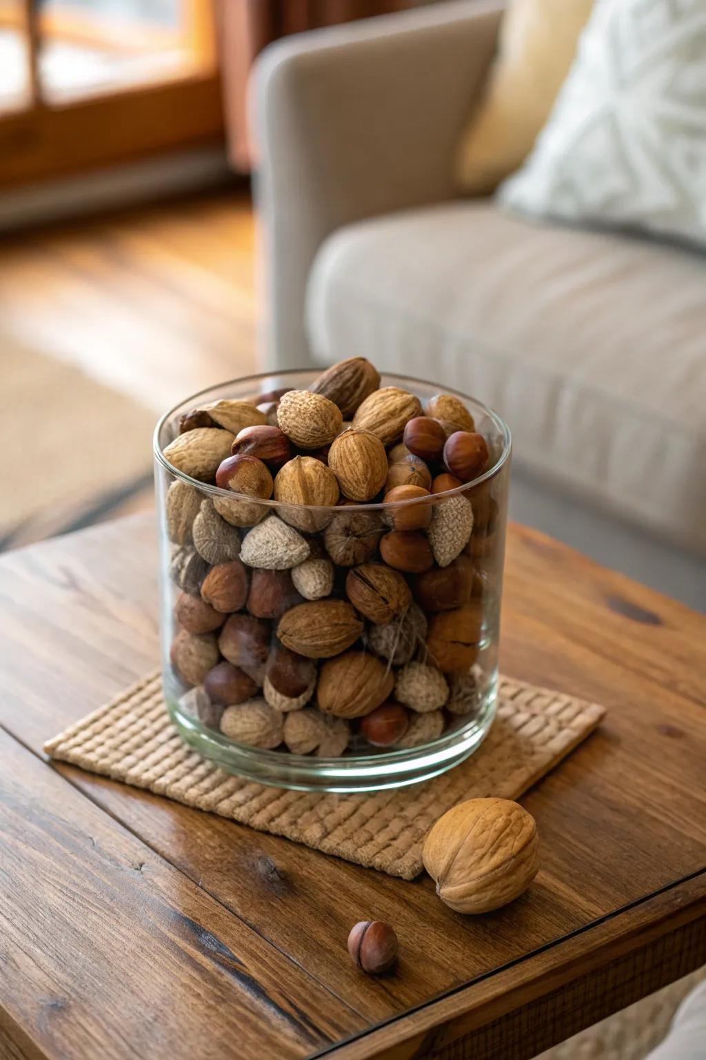 A vase full of nuts contributes heat and surface to your design.