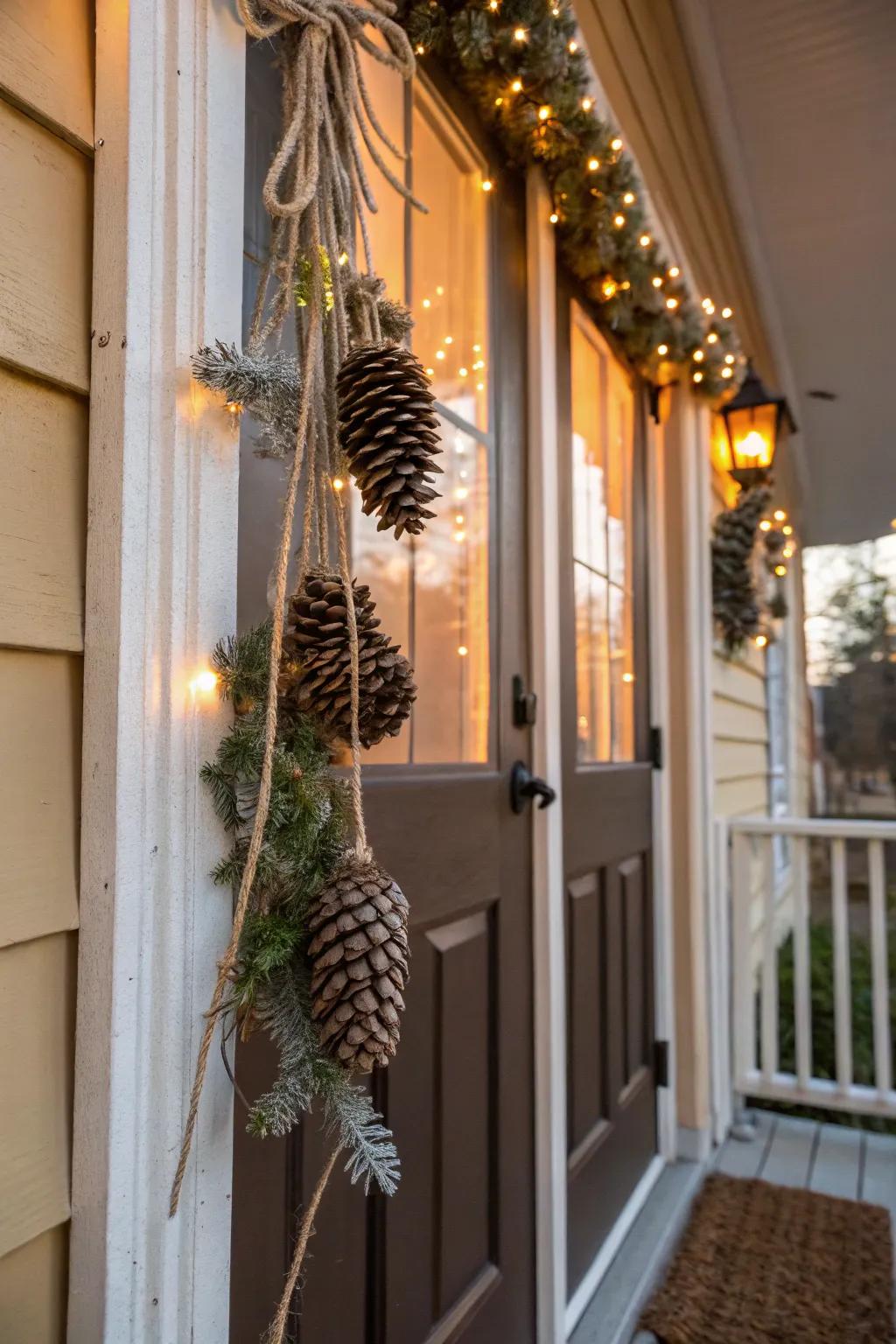 A pine cone pendant delivers rustic appeal.