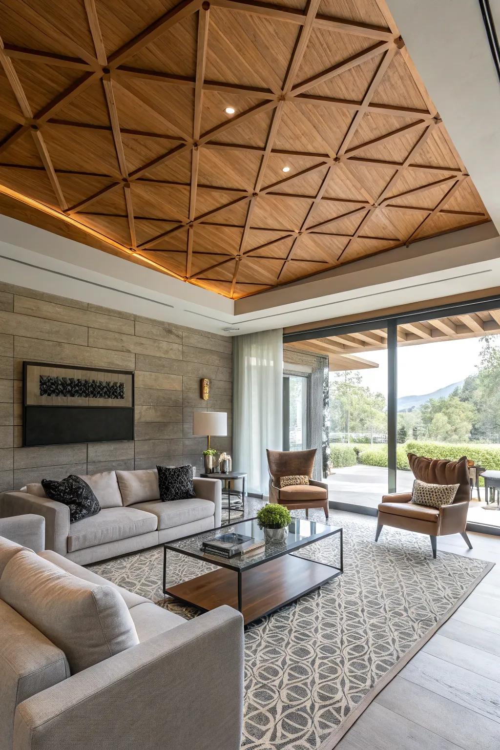 Geometric timber patterns add an up-to-date edge.