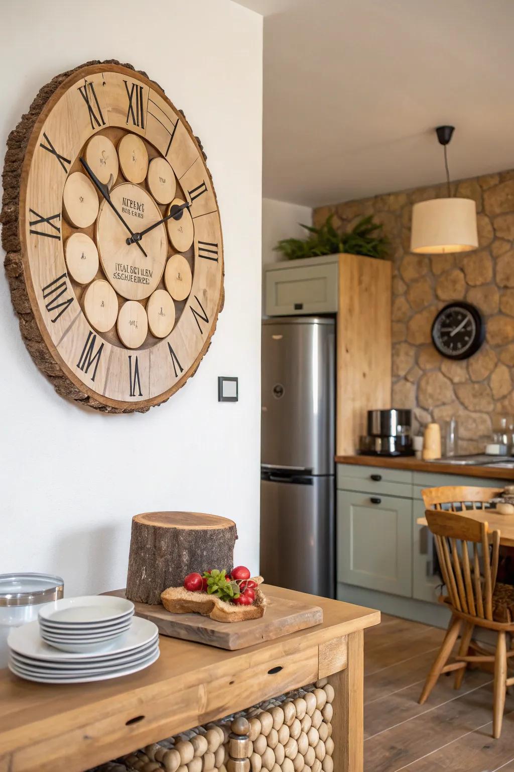 A timber segment wall clock embodies both practicality and style.