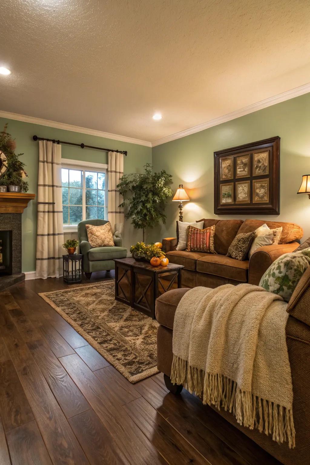 Inviting living space featuring textured hand-scraped timber flooring.