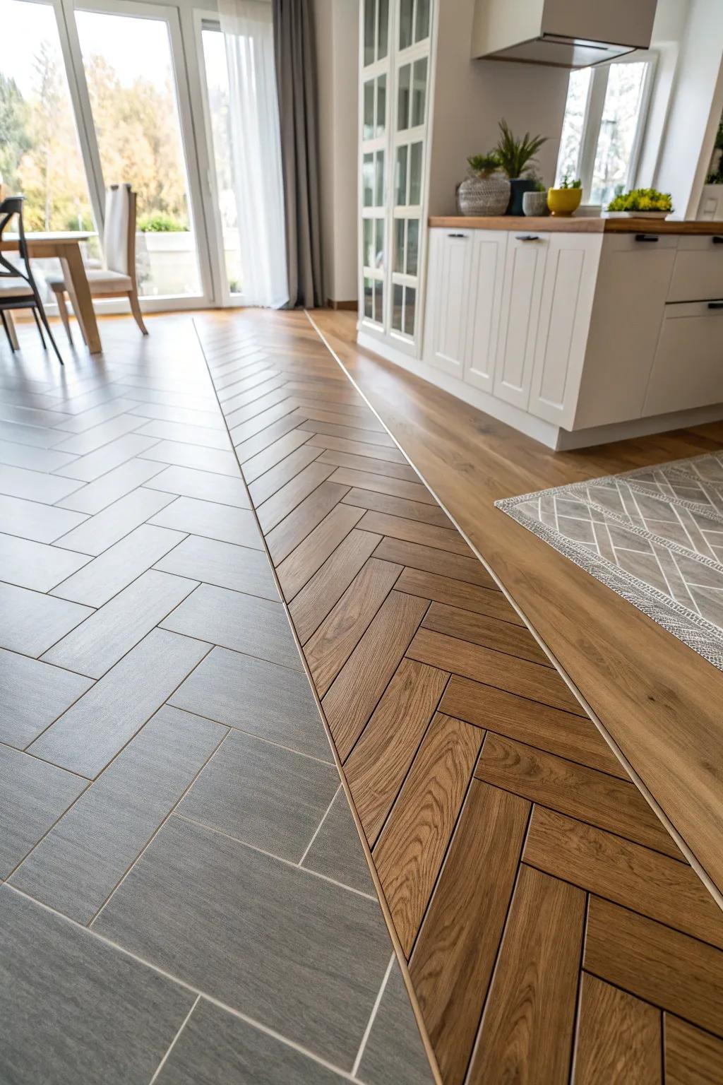 A contemporary interior with a crosswise shift between wood and tiled floors.