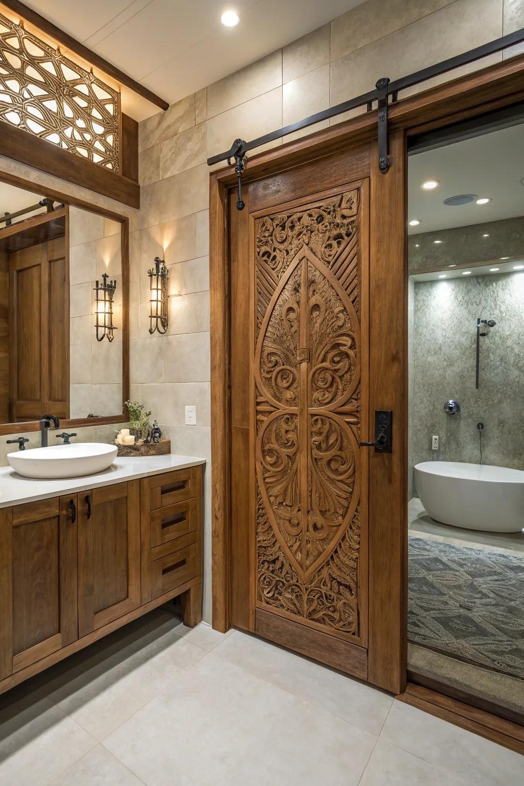 Artistic wood patterns turn shower entrances into art pieces.