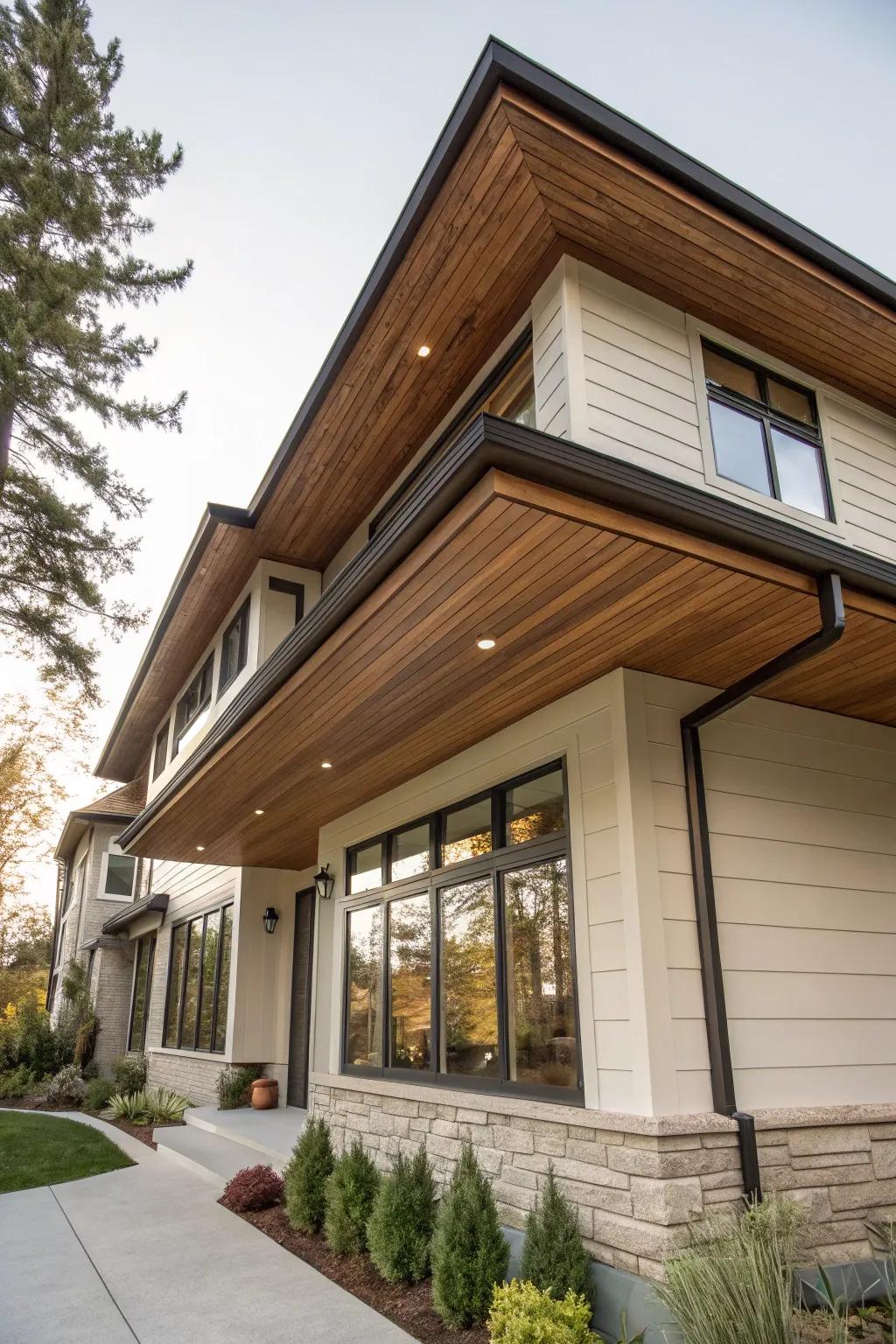 Cinnamon wood soffits radiate luxury and warmth.