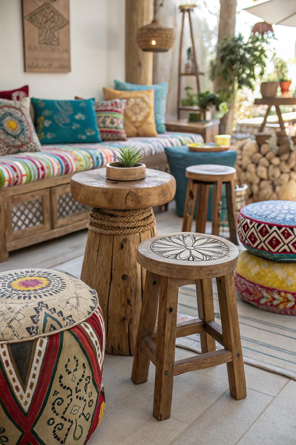 Eclectic wooden stools add character and charm to your space.