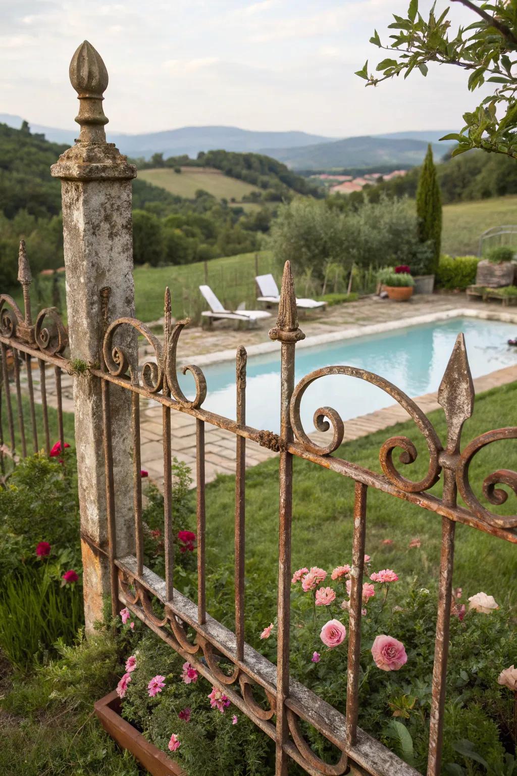 A pastoral fashioned iron barricade contributes a snug impression to this rural pool.