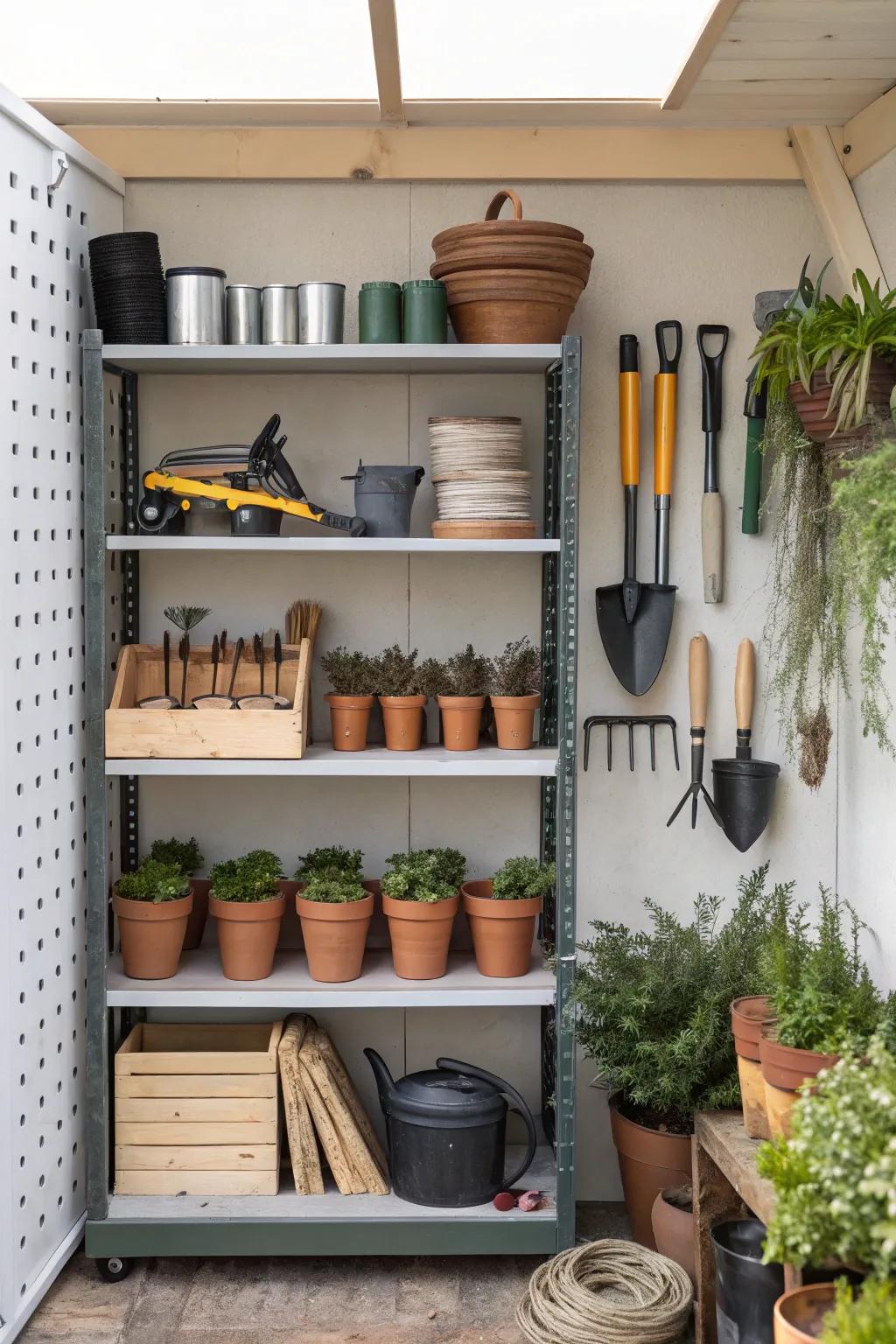 Shelving units offer order for small garden items.
