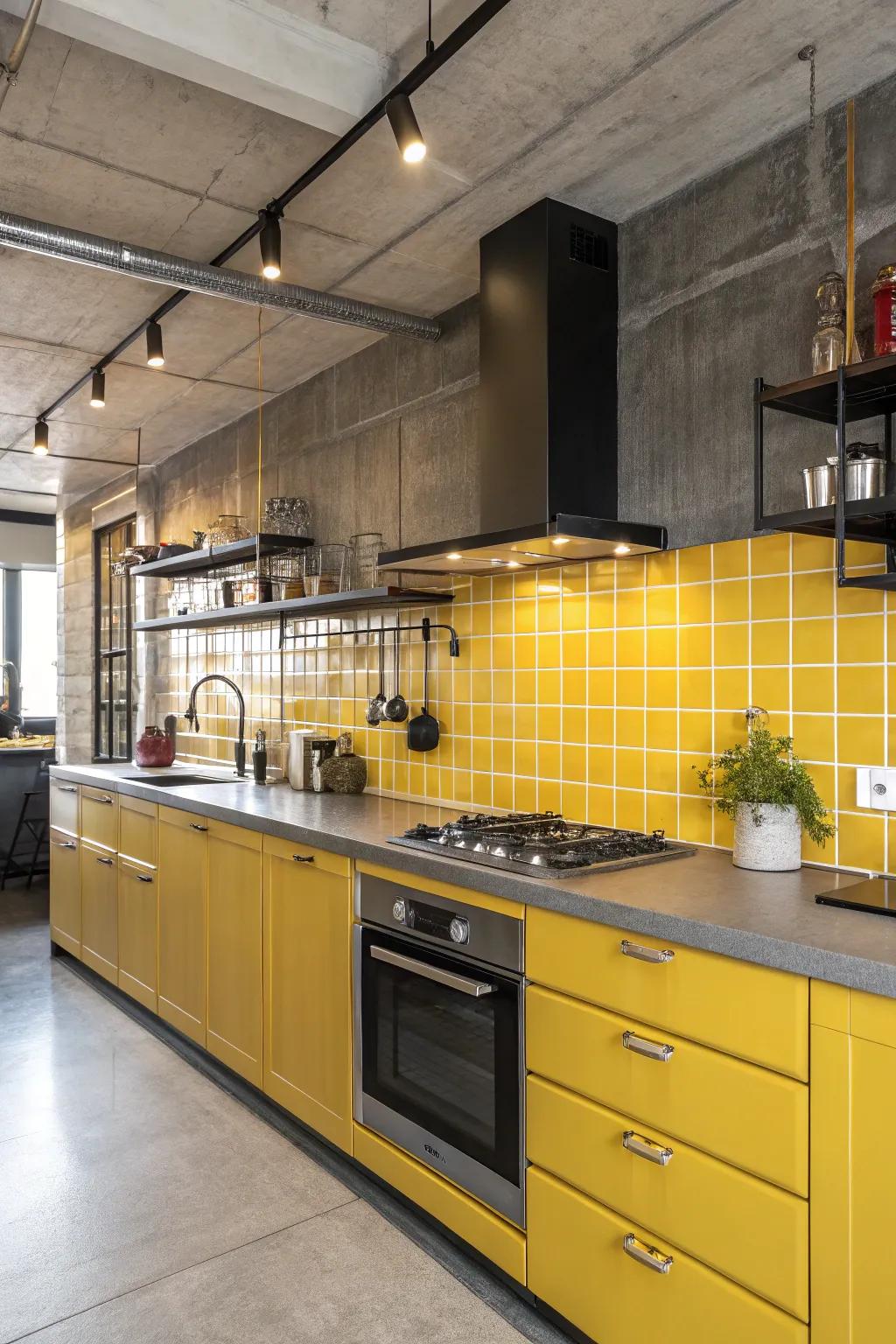 Metal tone fixtures provide a streamlined contrast to the yellow backsplash.
