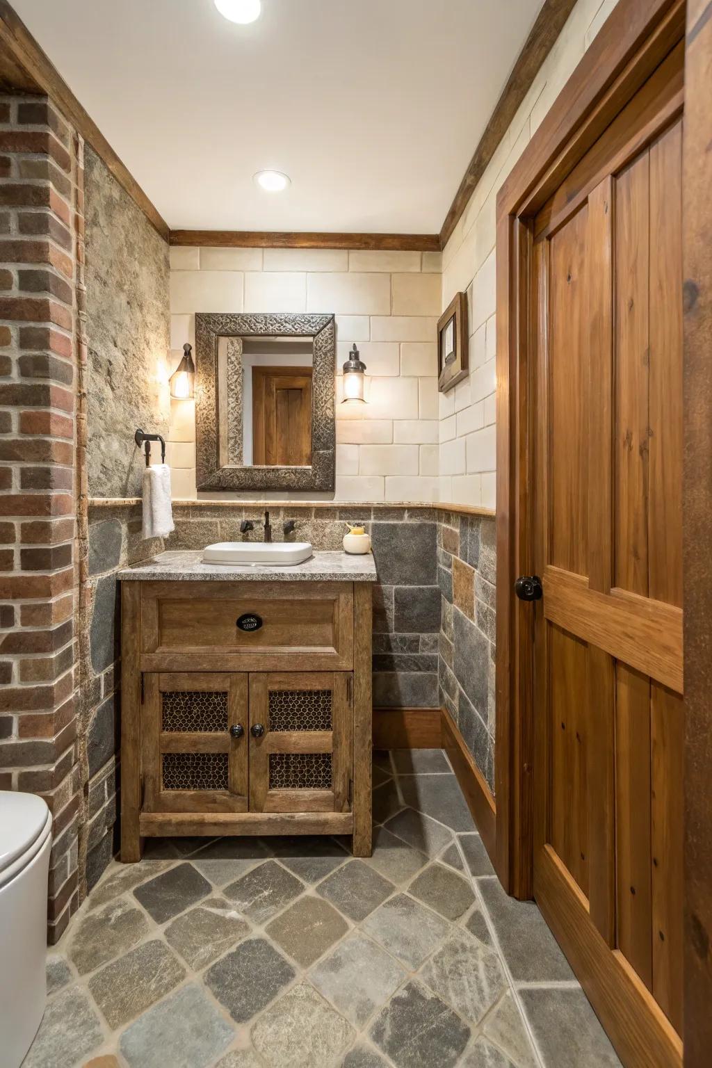 Materiality of timber and rock contributes depth to this powder room.