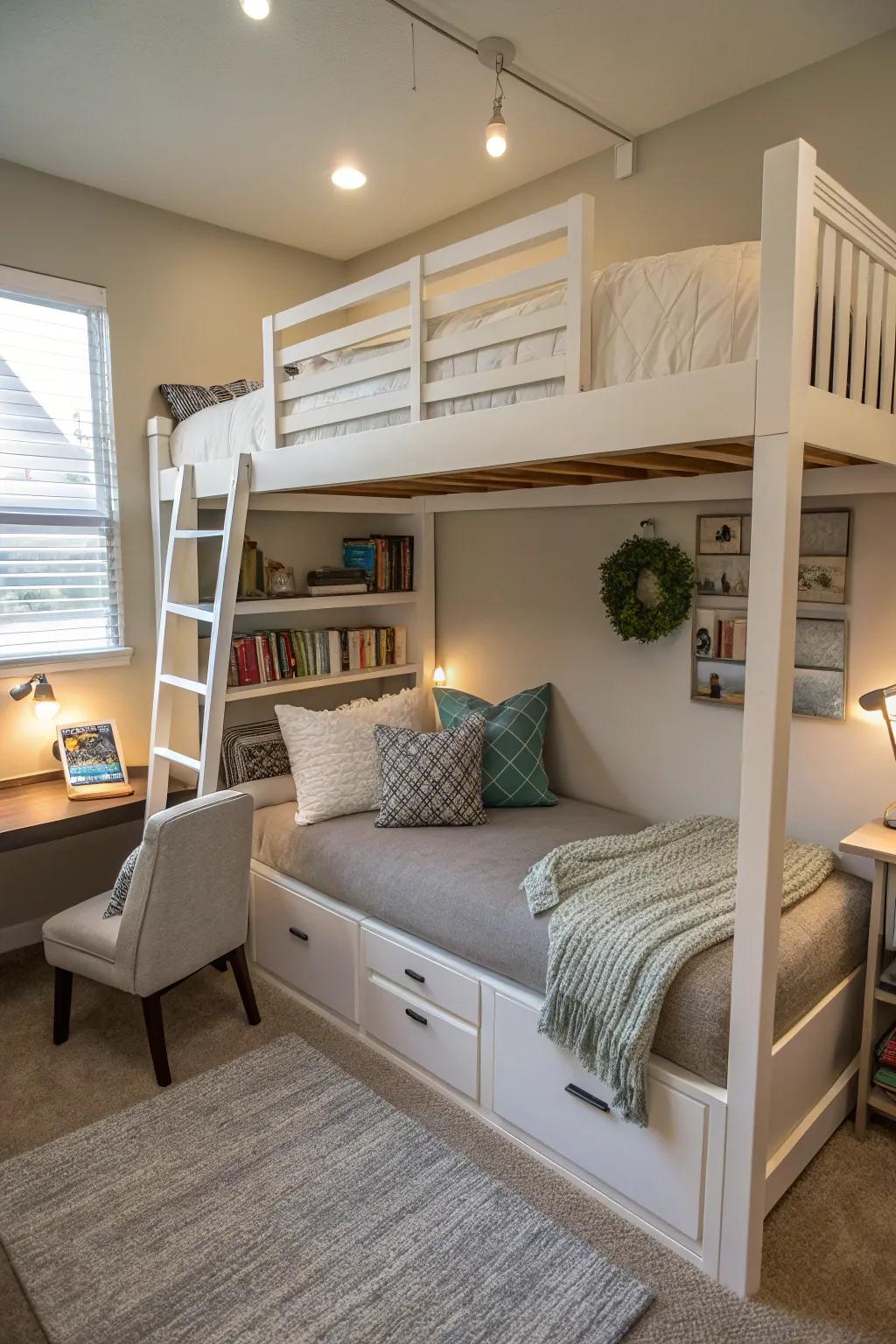 A loft bed makes the area underneath adaptable for work or play.