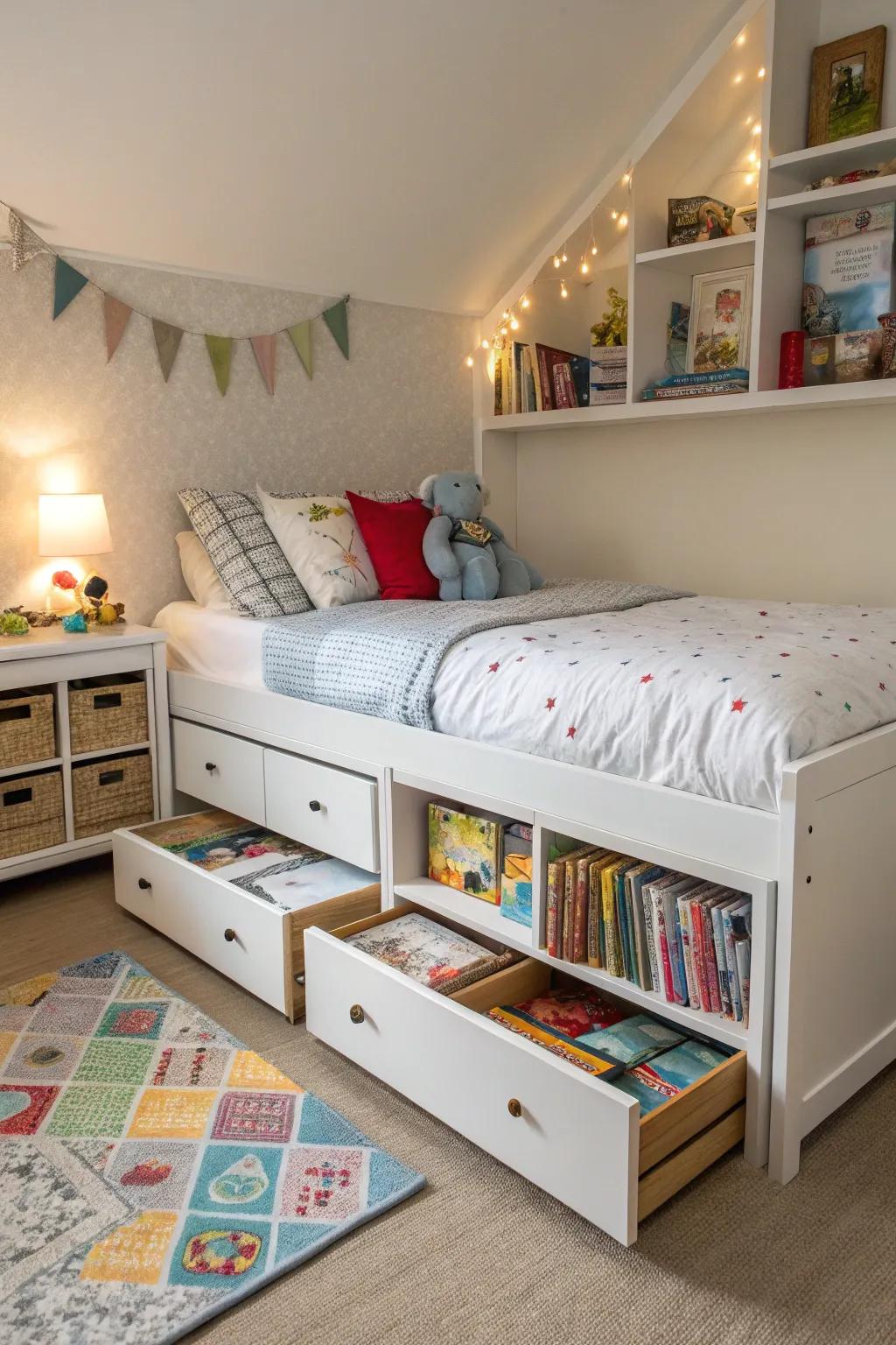 A practical and stylish bedroom with multi-functional furniture.