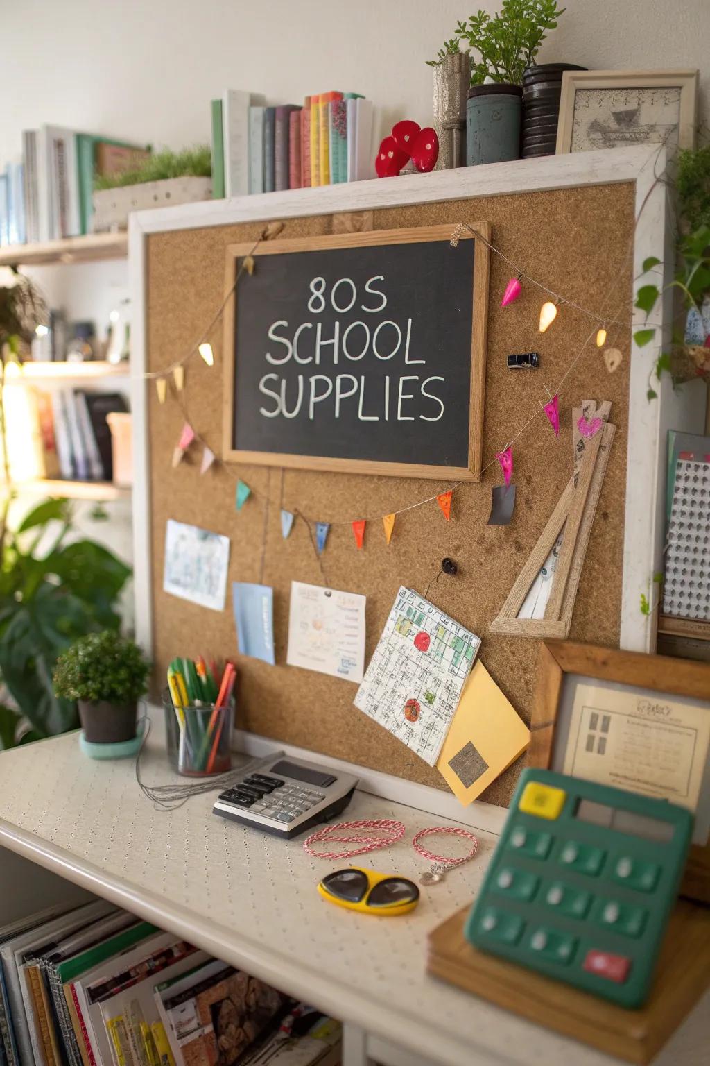 Education era theme featuring 80s school implements on a bulletin board.
