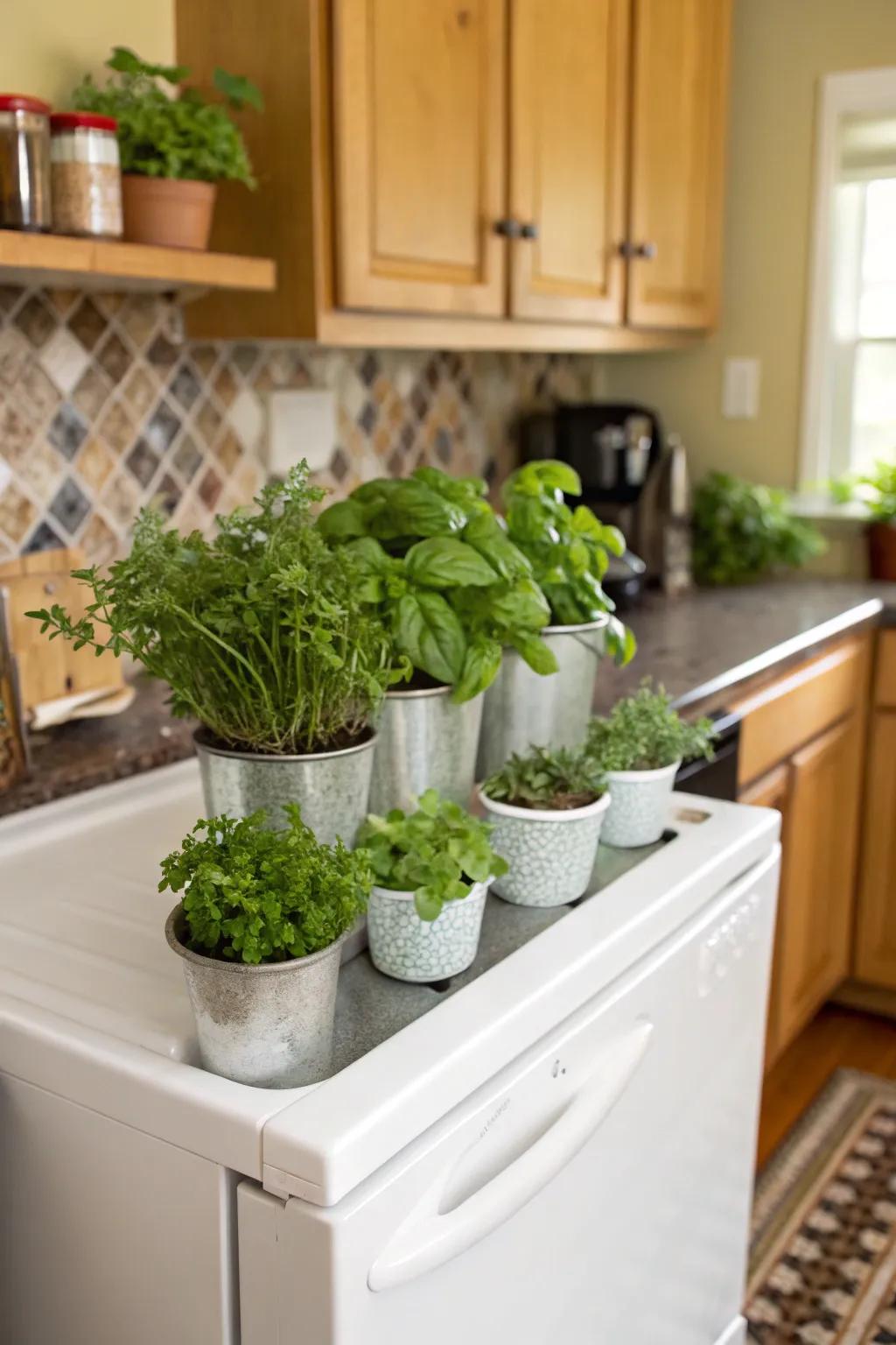 An indoor garden provides fresh ingredients and decor.