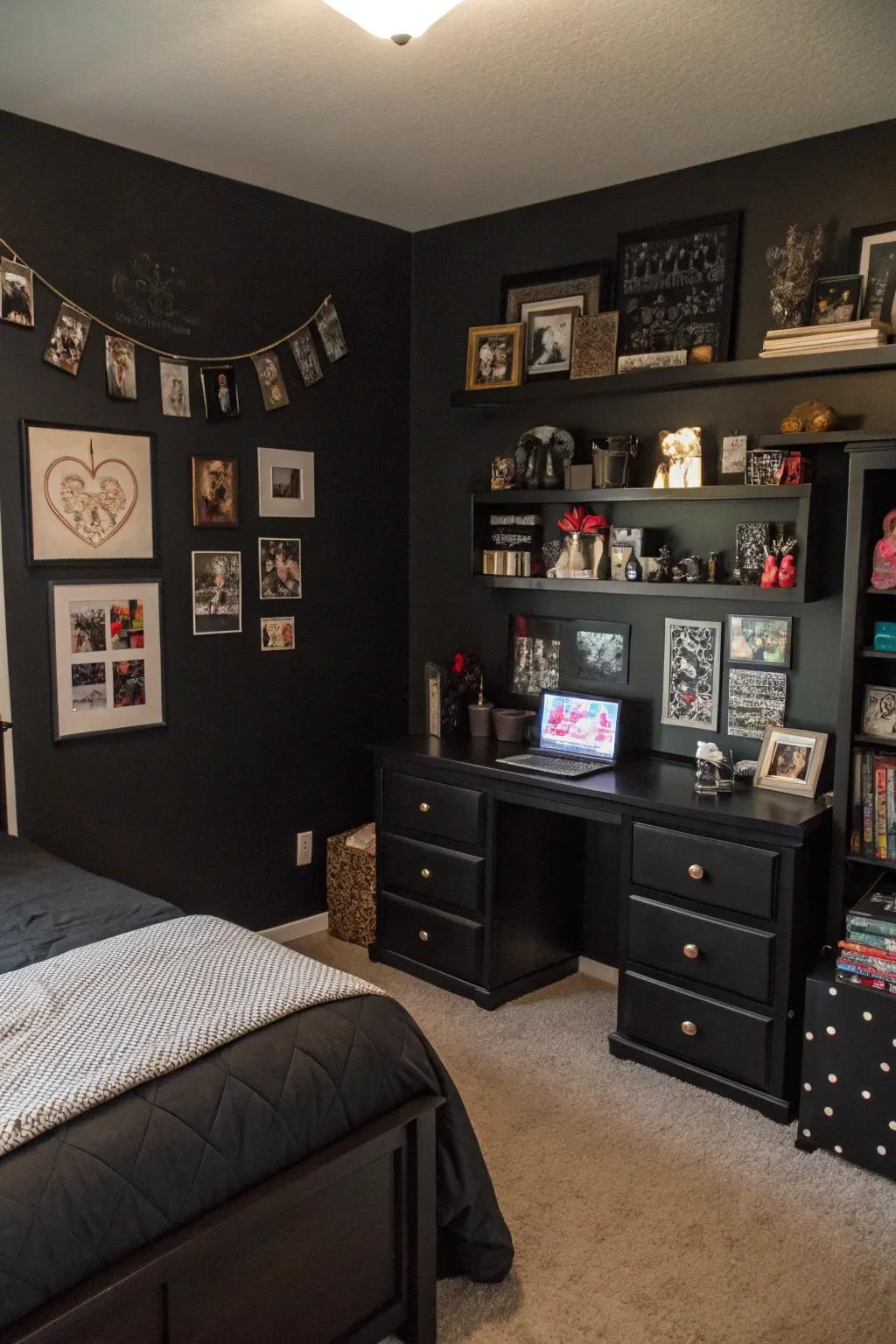 A dark-themed boudoir featuring individualized ornamentative items and mementos.