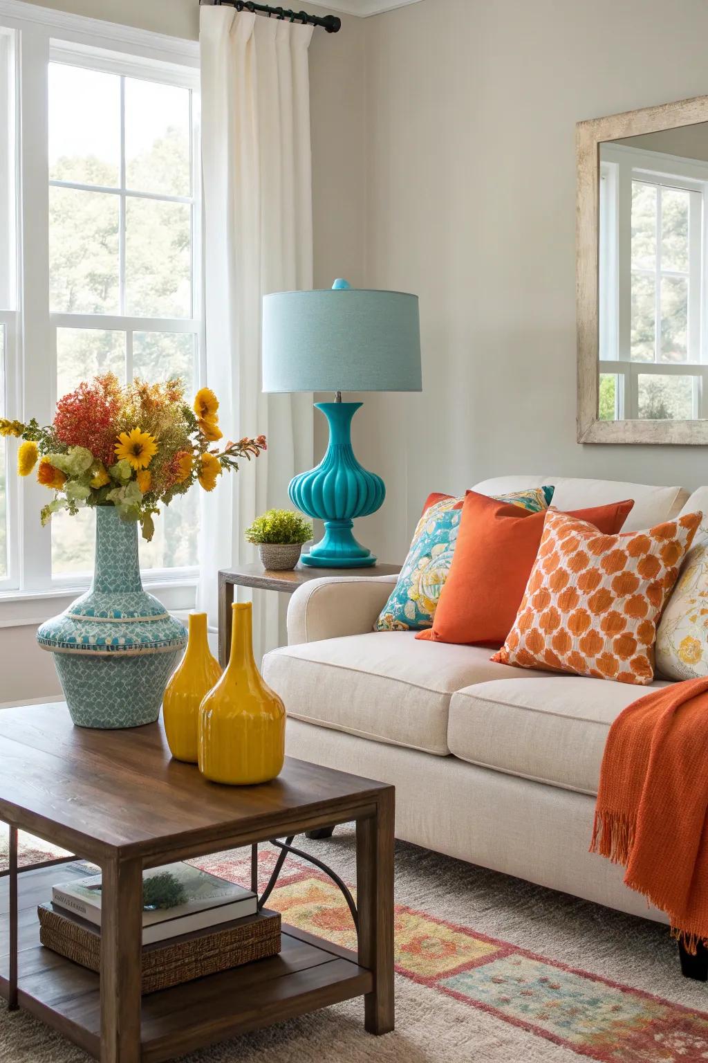 A vibrant living room with unexpected pops of color.