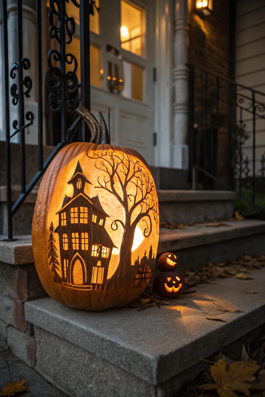 Give a warm ghostly greeting with a haunted house gourd.