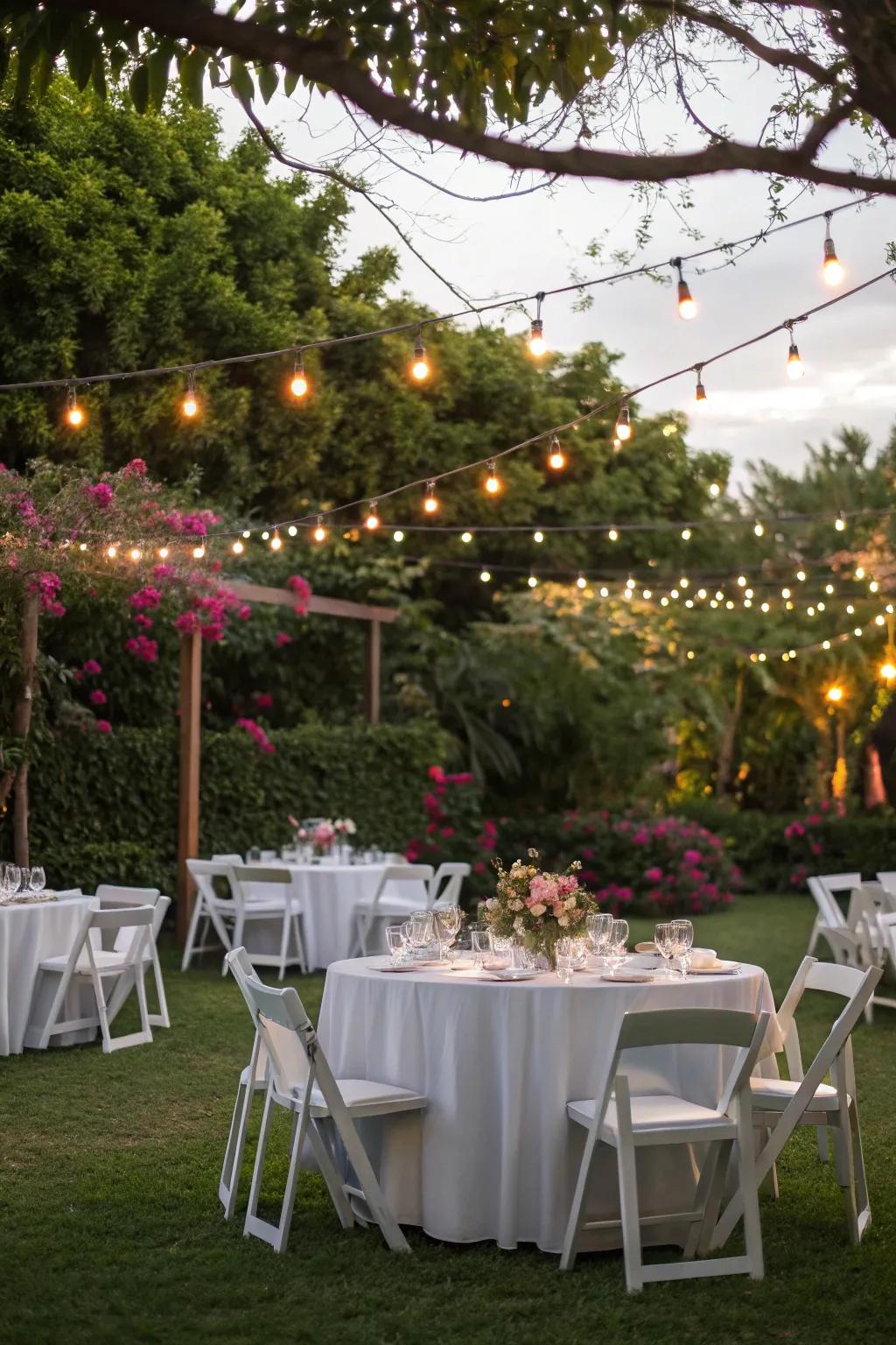 An open air monochromatic ivory meal configuration is simultaneously enchanting and welcoming.