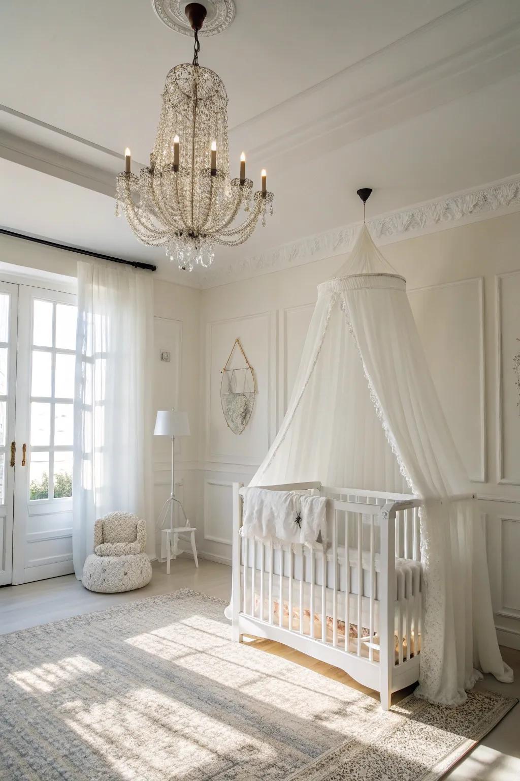 A white nursery is enhanced by stylish lighting.
