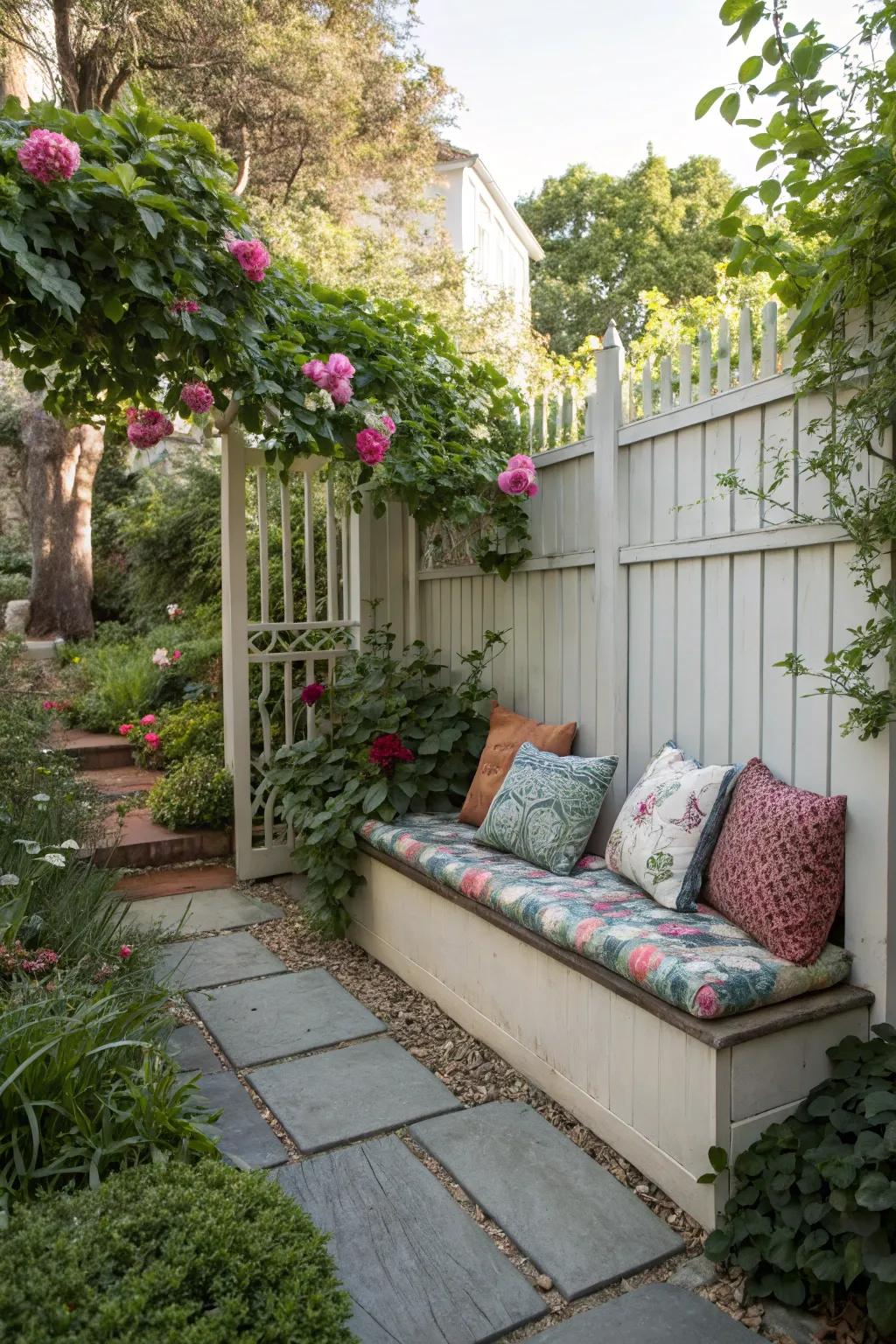 A seating space creates a comfy backyard retreat.