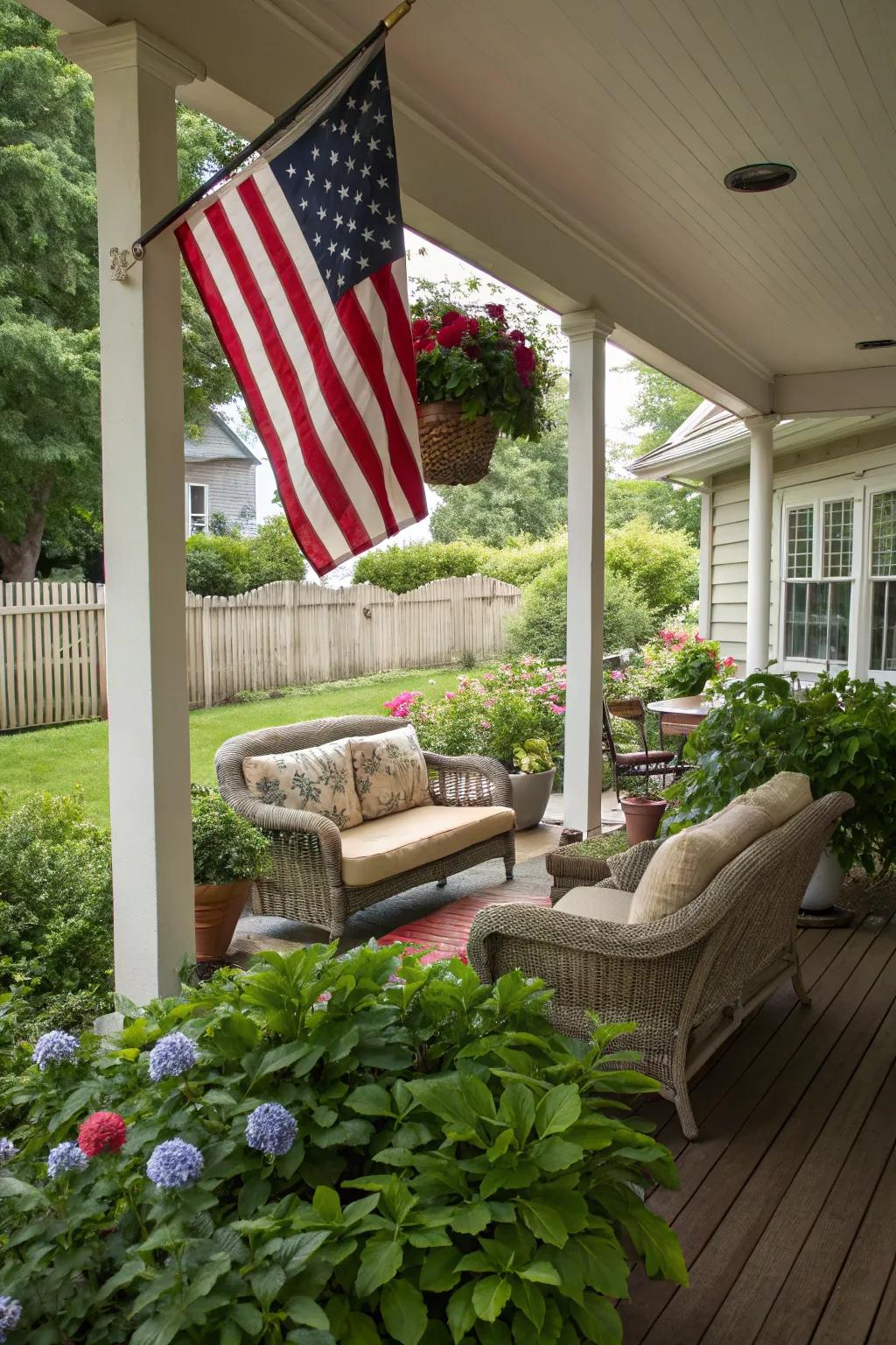 An American flag enhances patriotic allure to this welcoming veranda.