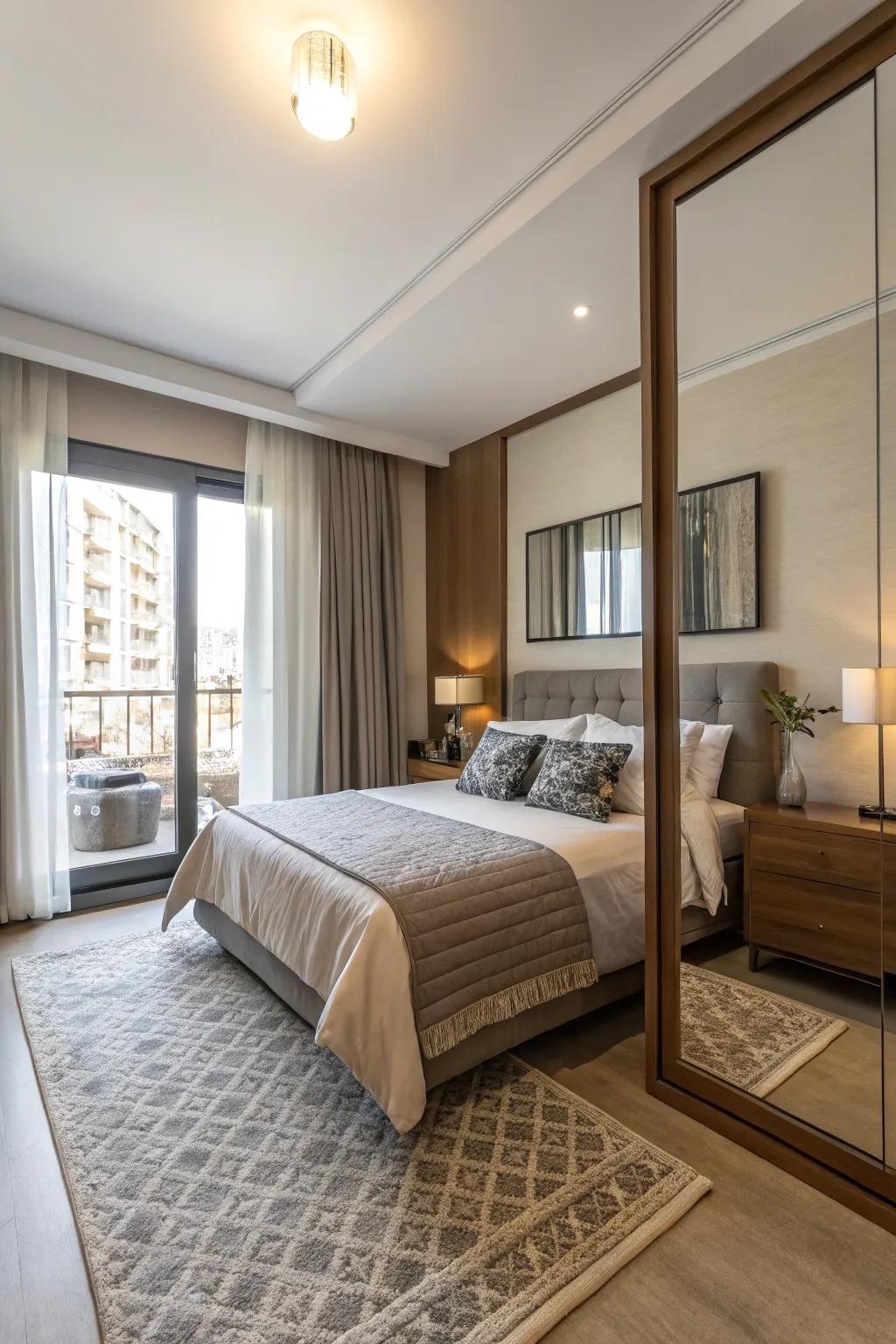 An apartment bedroom featuring a strategically placed mirror reflecting sunlight.