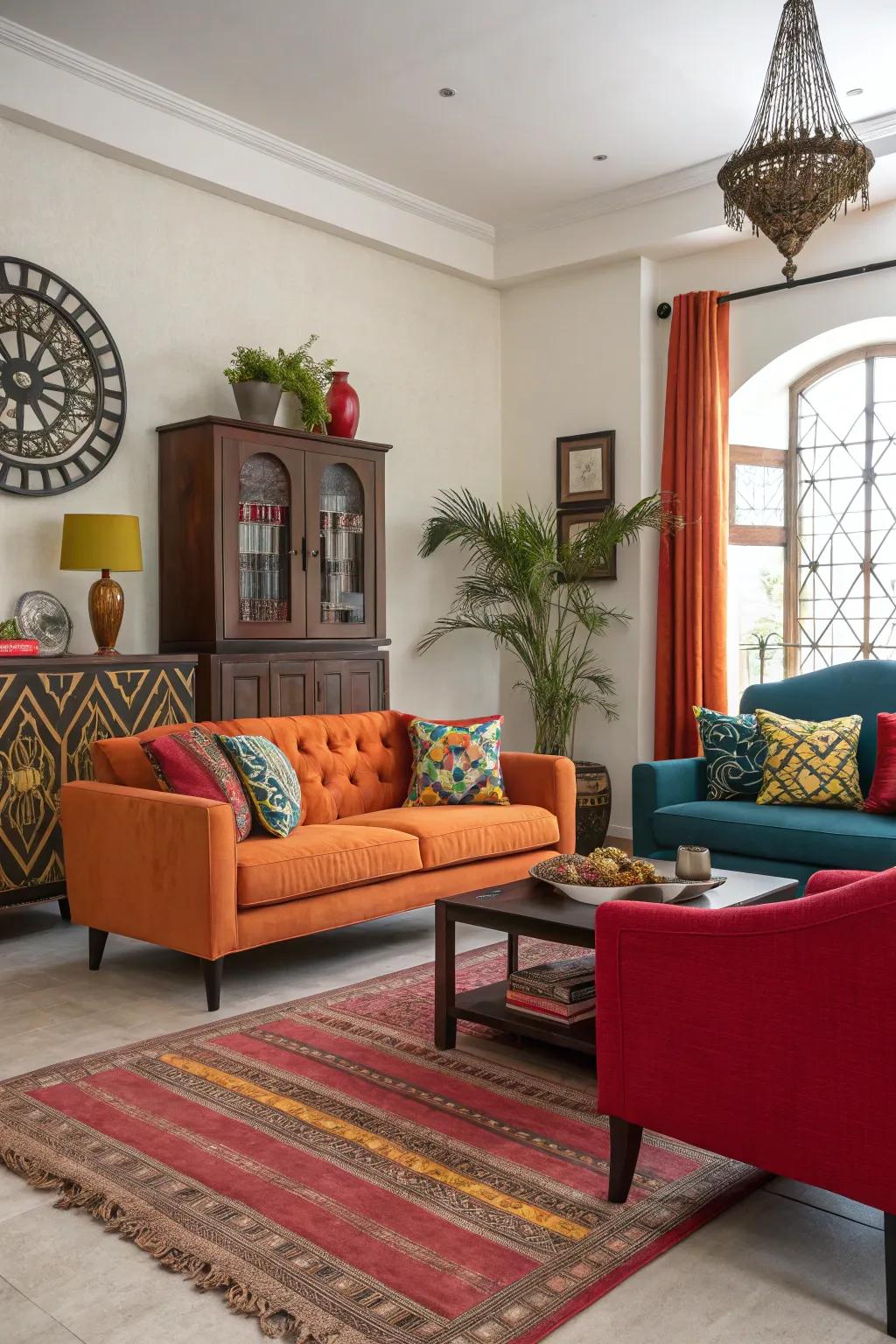This living area has a dynamic feel thanks to striking contrasts in texture and color.
