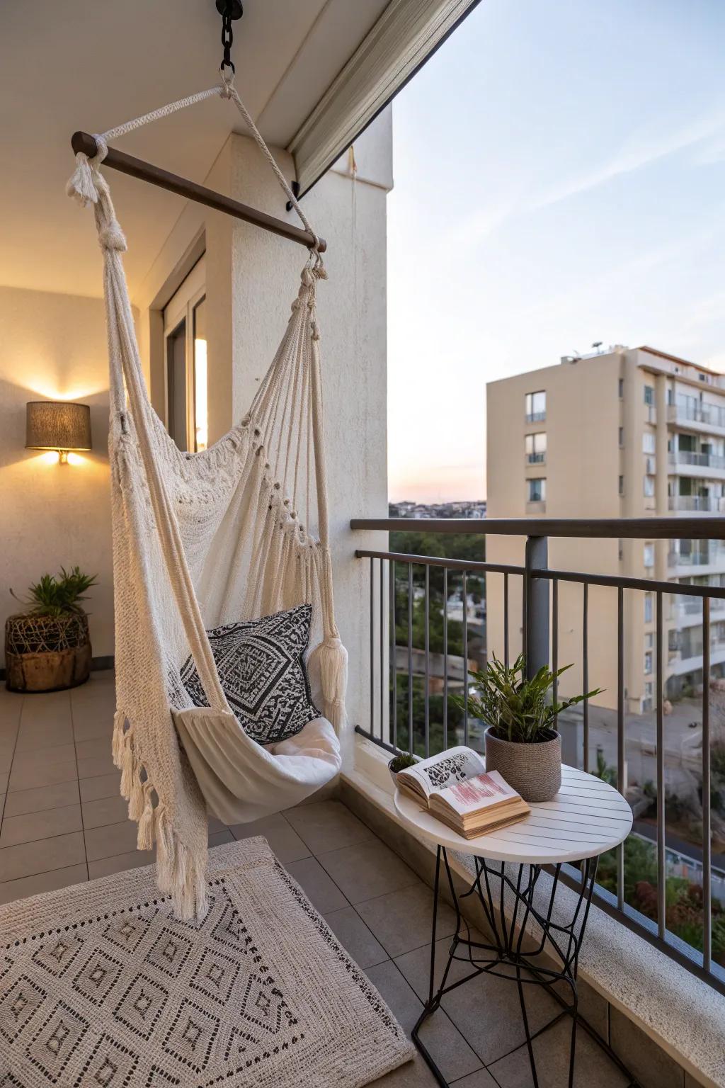 A hammock chair injects a hint of whimsy and leisure.