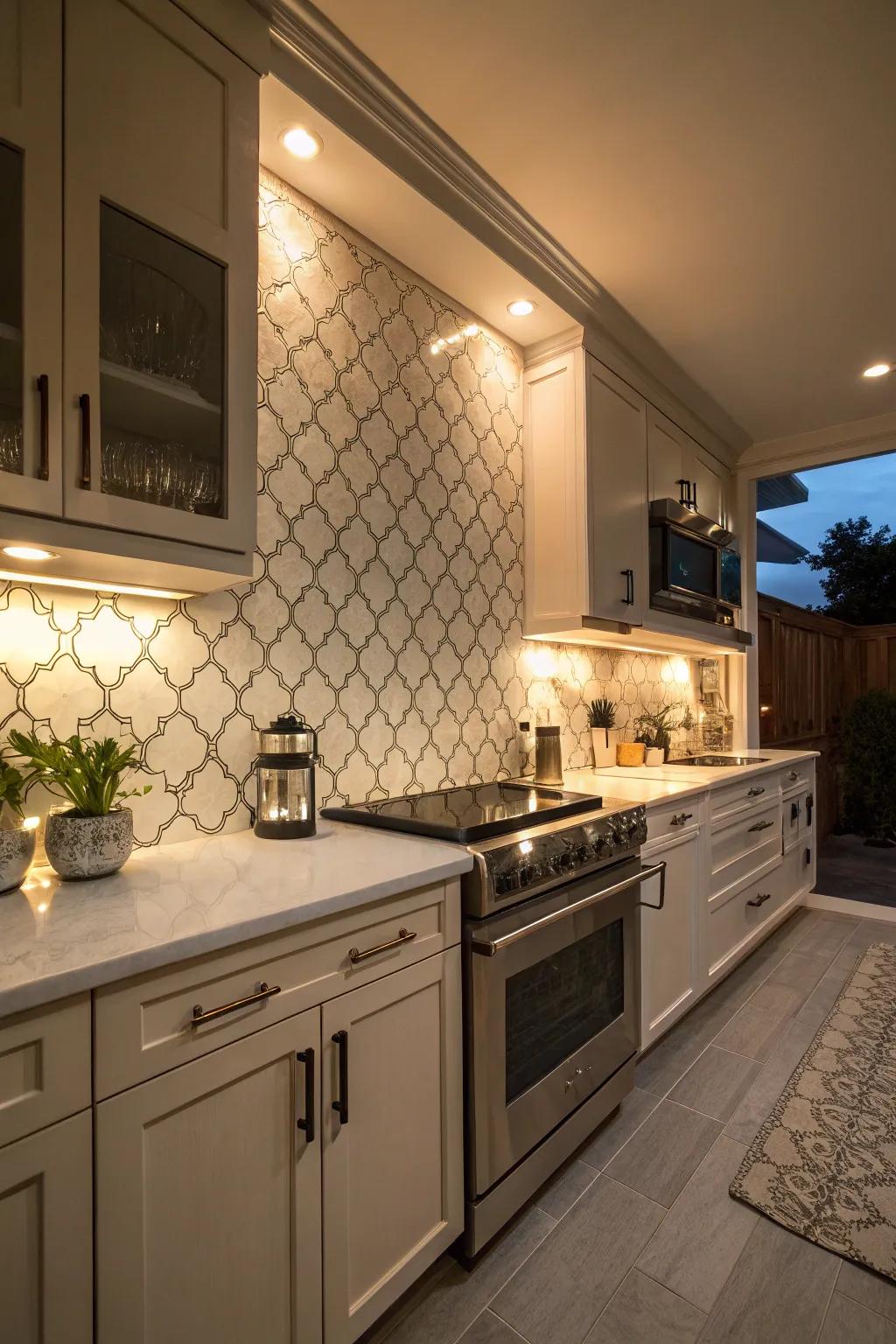A kitchen setting showcases how under-cabinet lighting accentuates the detailed designs of the arabesque tile backsplash.