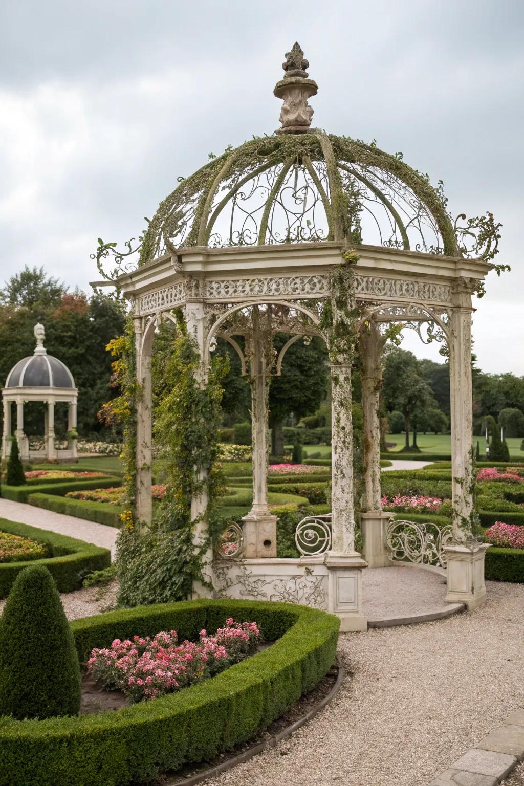 An ornate Victorian arbor upgrading a grand garden scene.