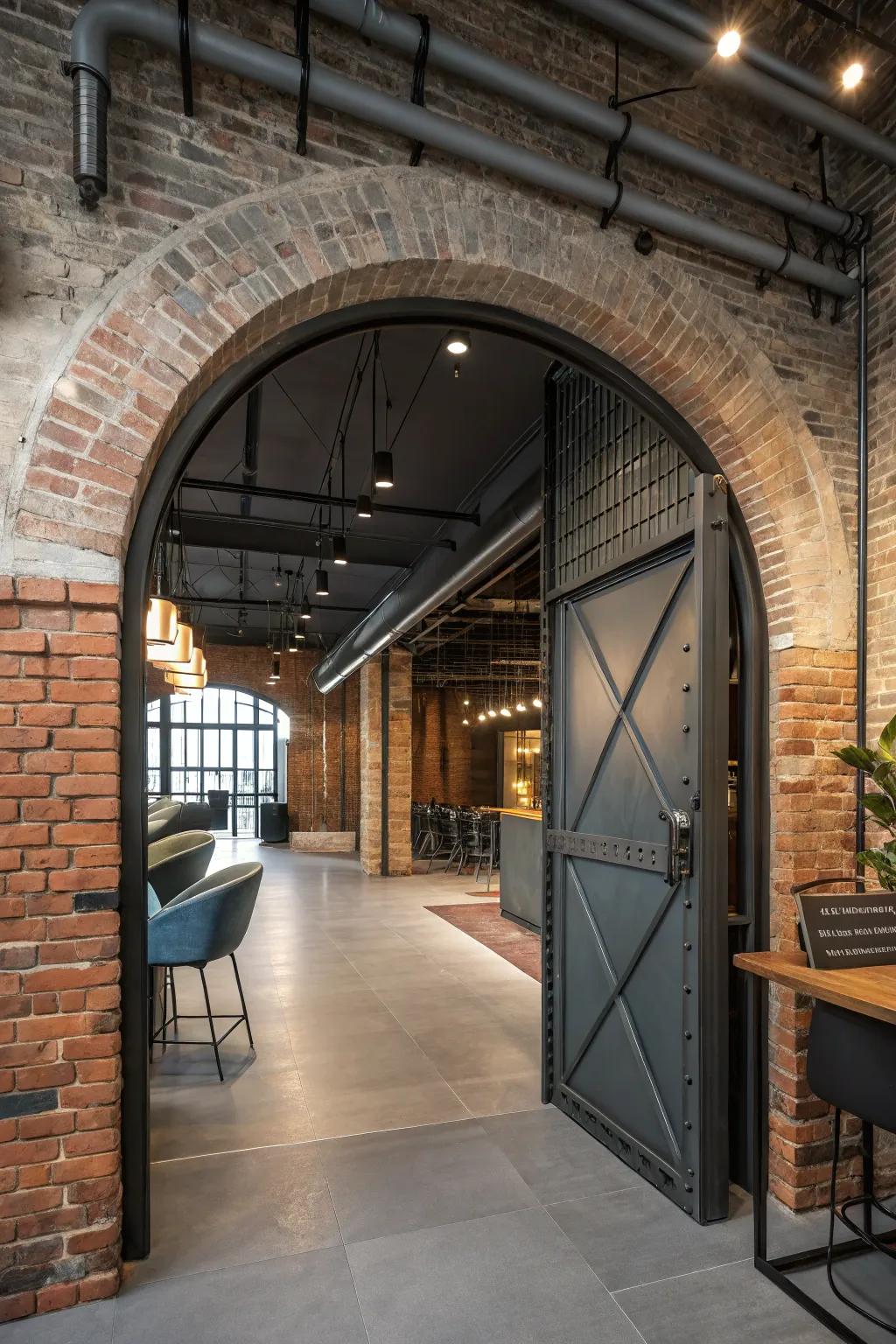 An archway entrance effortlessly integrated into an industrial chic interior.
