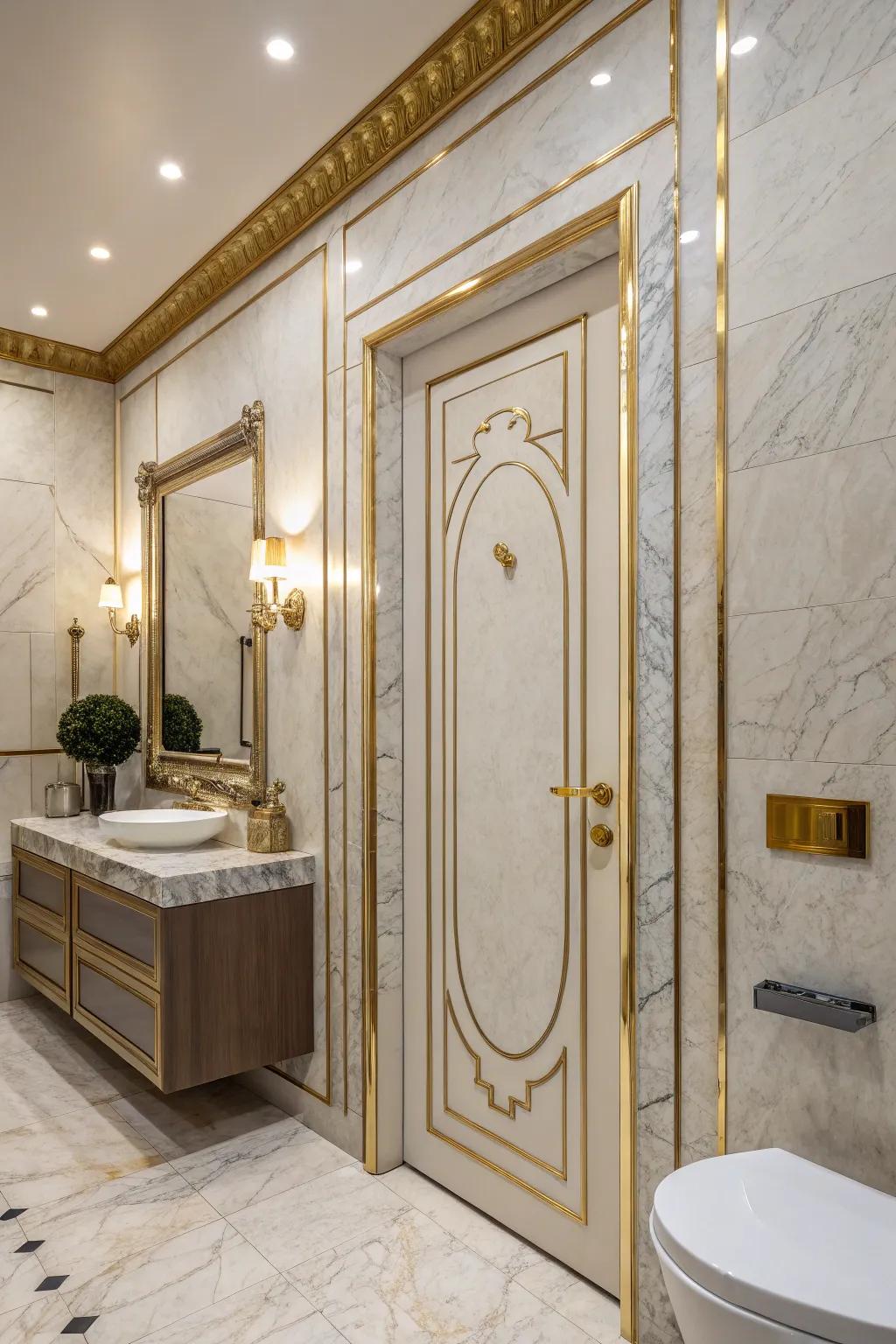 A door with metallic accents that brings a luxurious vibe to the space.