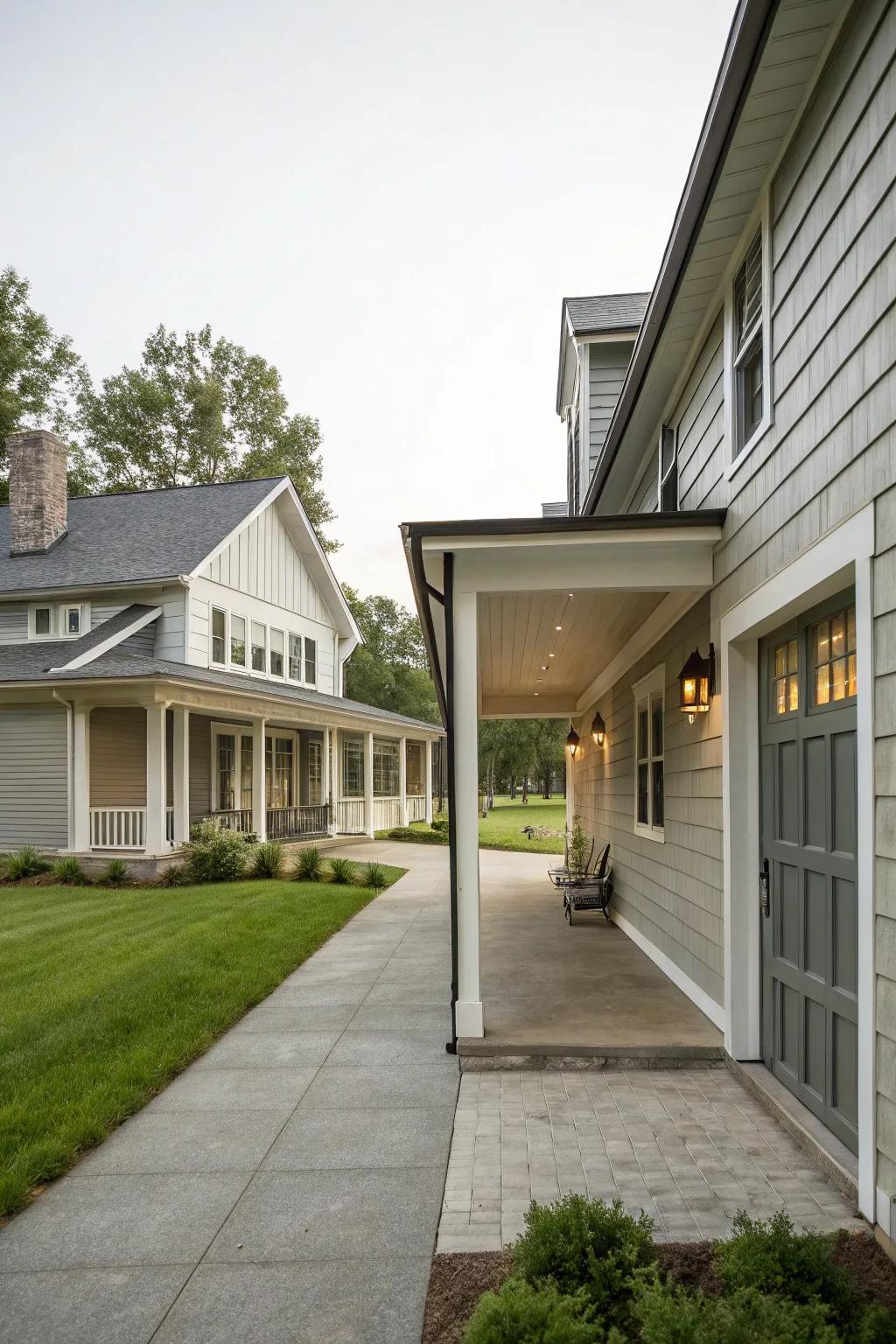 A covered passageway elegantly bridging the home and garage.