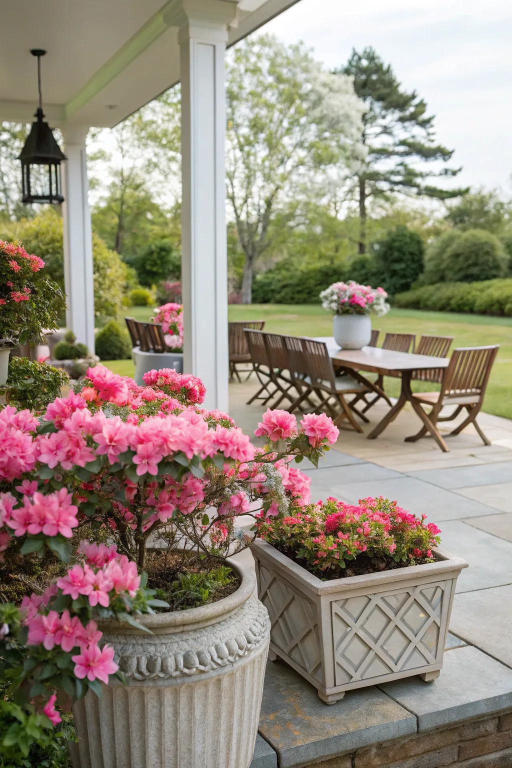 Azaleas infusing pigmentation into a patio through adaptable container horticulture.