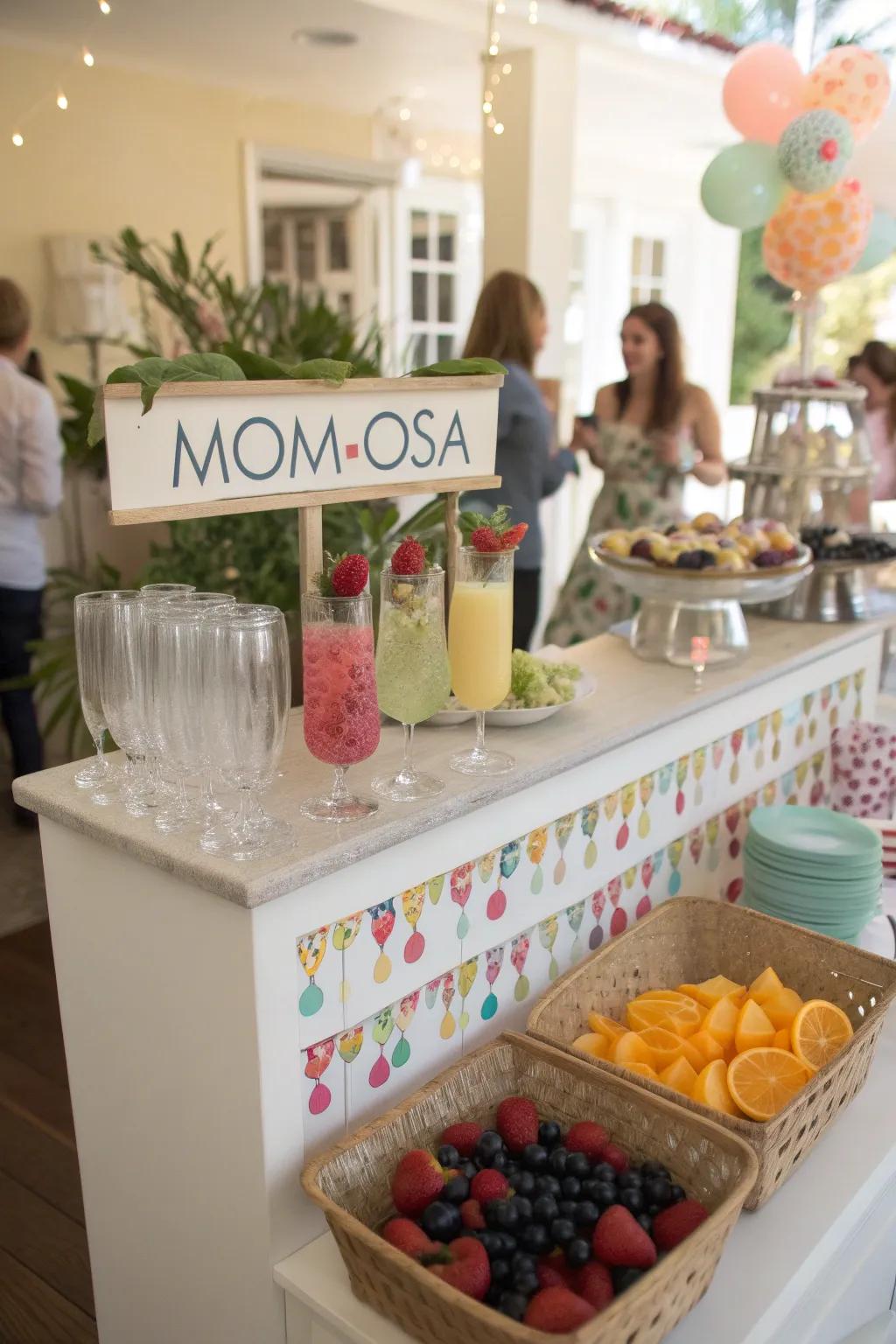 A fanciful libation post featuring a 'Mom-osa' bar tenders invigorating options for patrons.