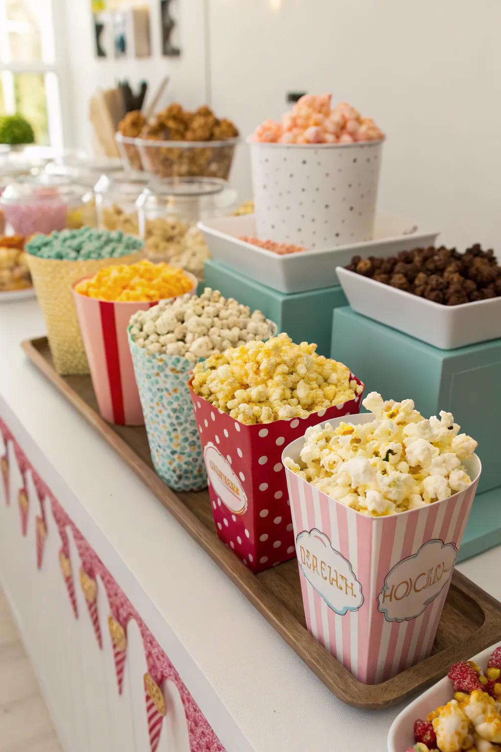 A popped corn buffet with assorted sweet and savory flavors.