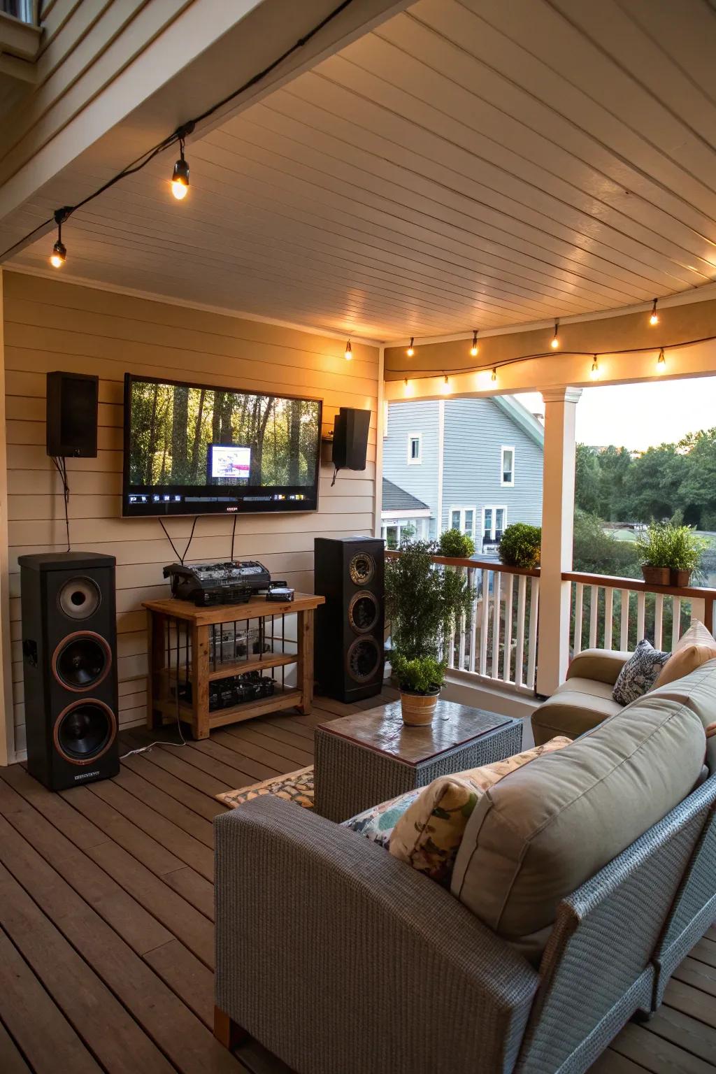 Savor recreation on your porch with a complete entertainment setup.