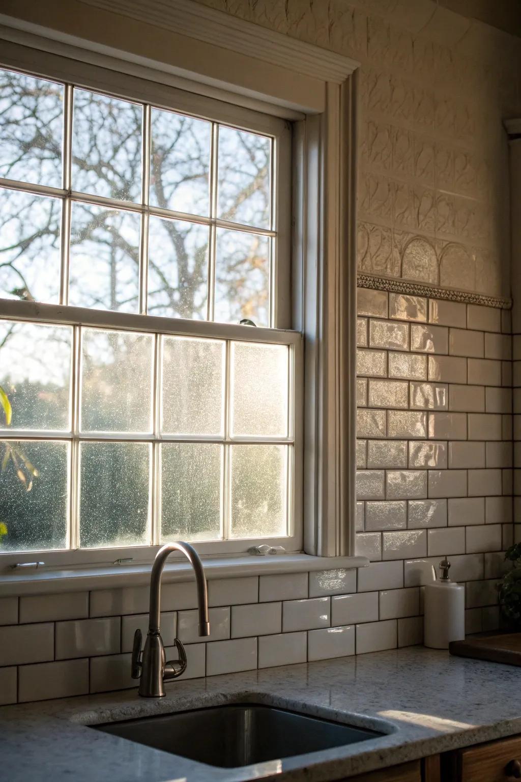 Elegant frosted glass panels framing a kitchen window.