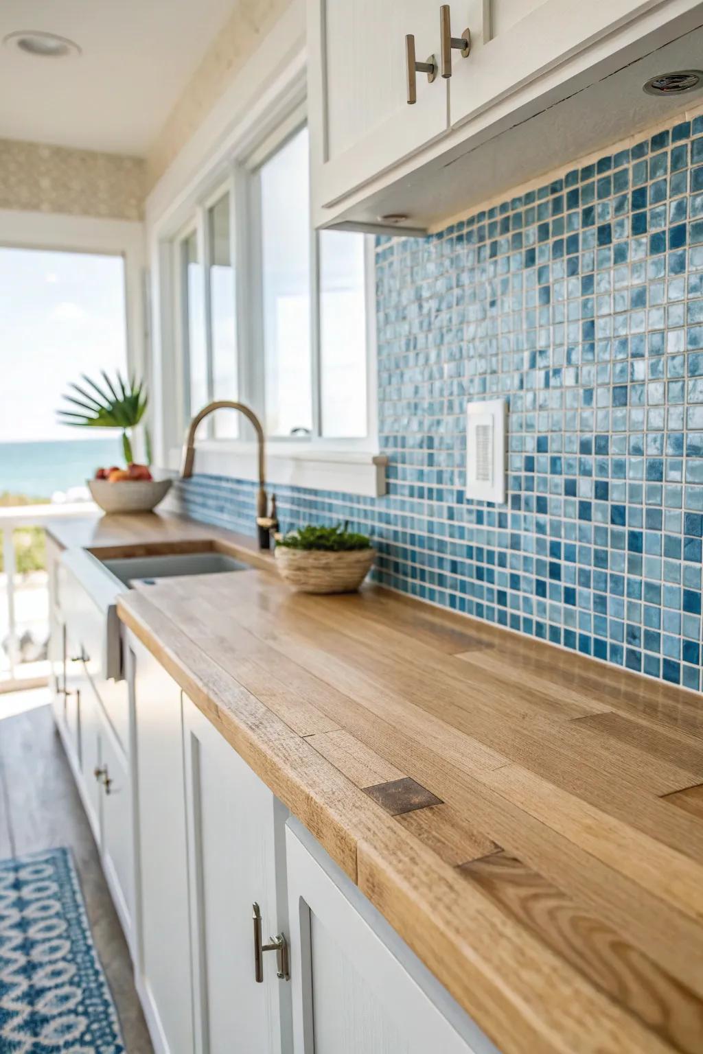 Capture coastal serenity with a blue mosaic backsplash.