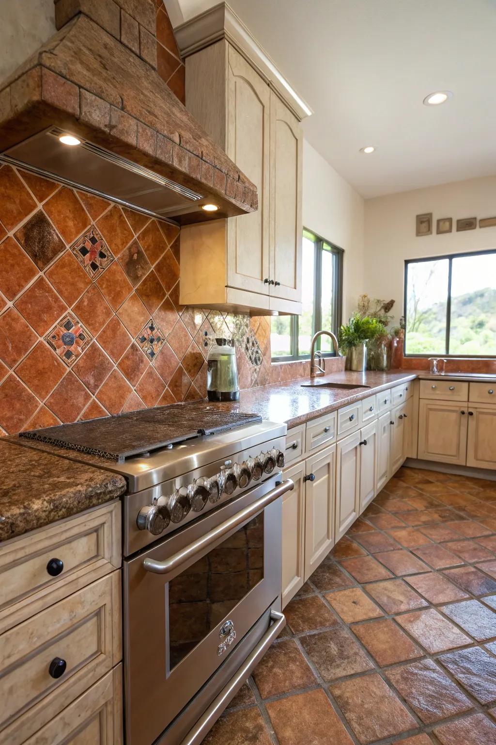 Ground clay bricks enhance the earthy tones of mystic earth stone.