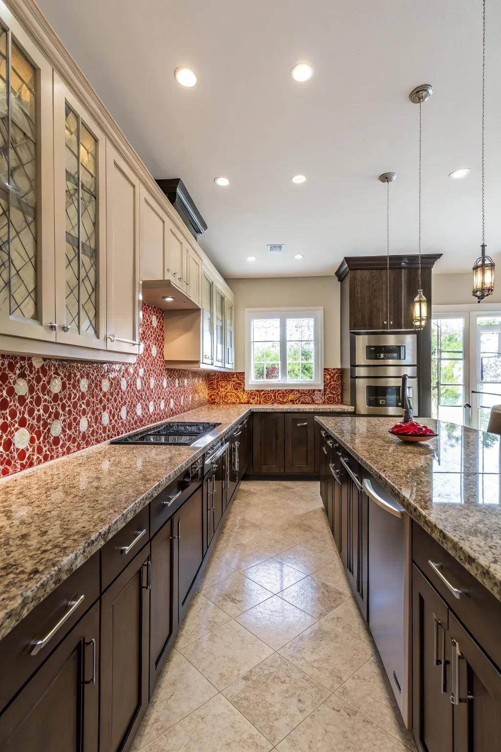 Large kitchen spaces are anchored by striking backsplash designs.
