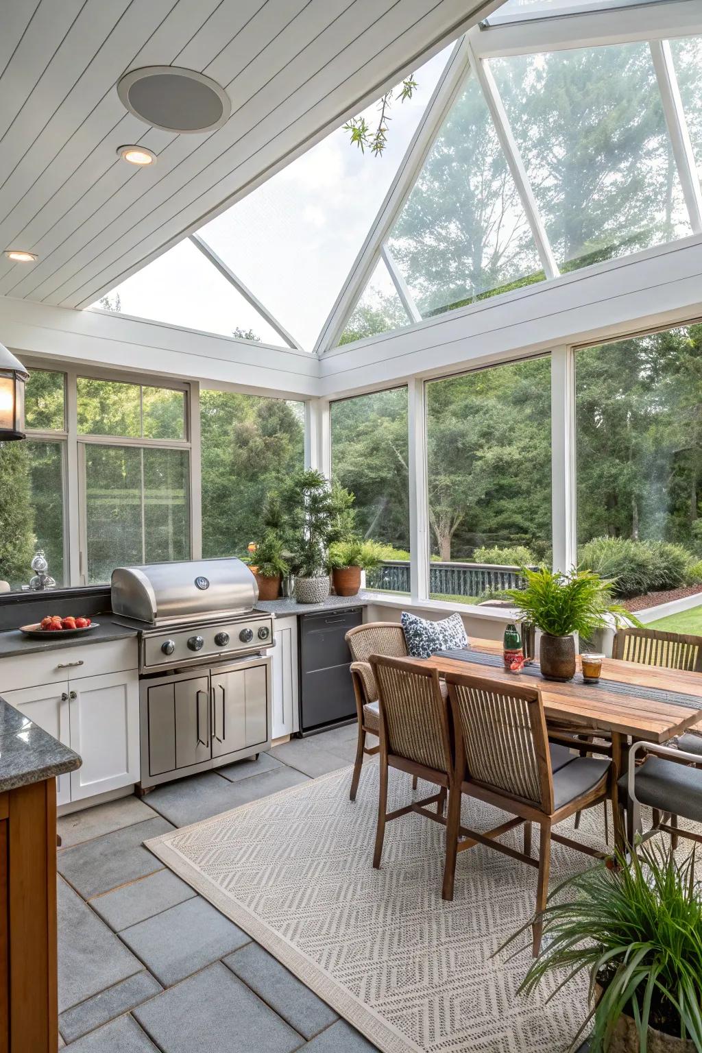 An enclosed screened-in porch means you can enjoy your outdoor kitchen without any bugs.