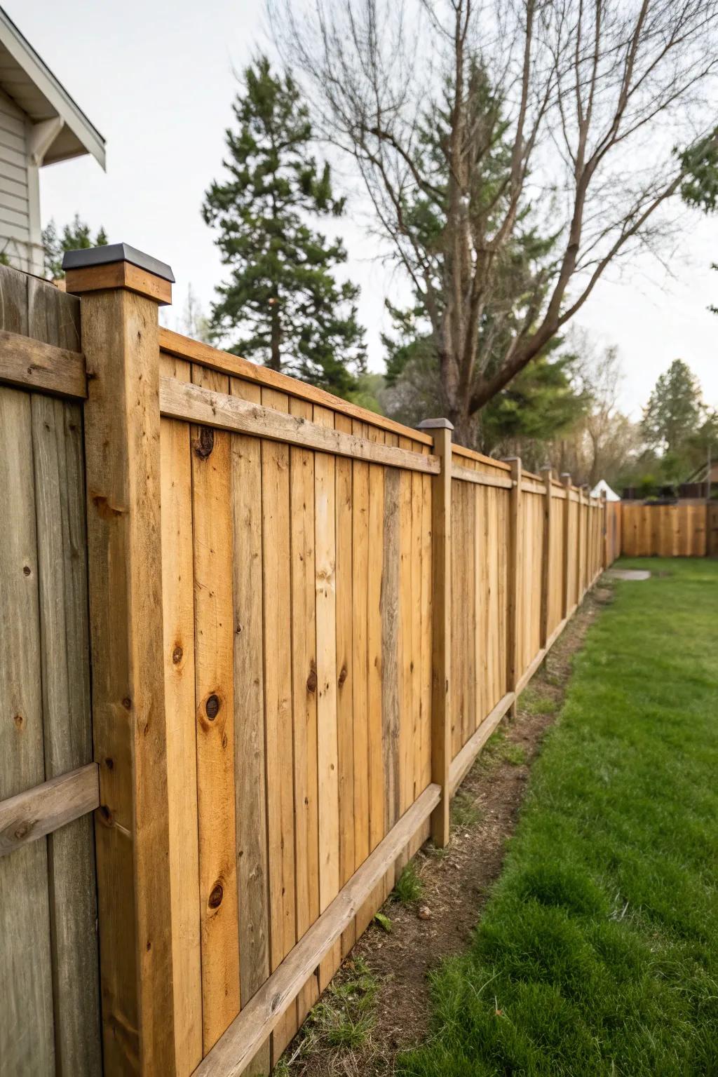 Salvaged lumber fencing offers eco-friendliness and character.