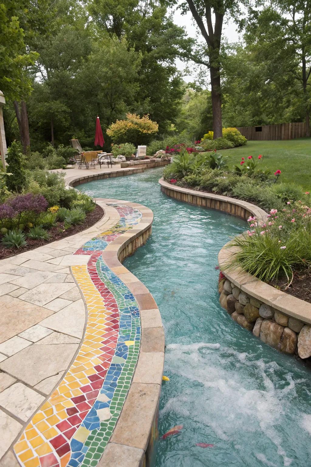 A vibrant meandering pool with eye-catching mosaic tiles.