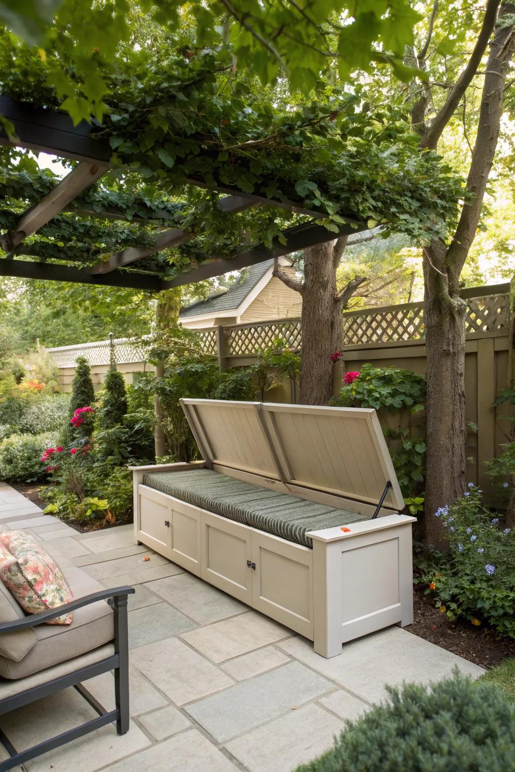 A chic bench with hidden storage to keep the patio tidy.