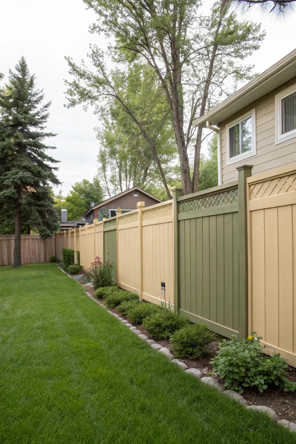 A solid privacy fence painted in natural tones.