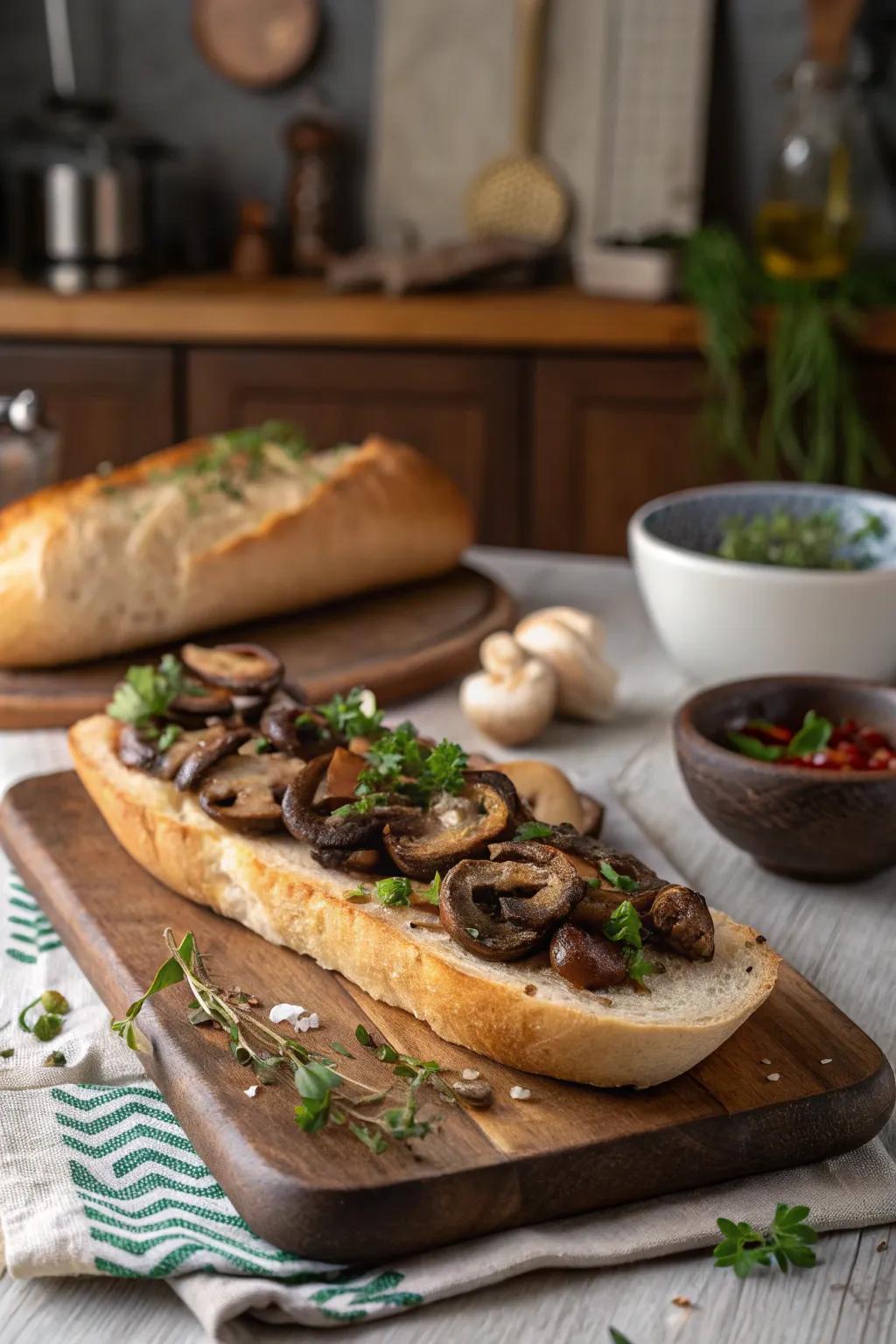 An earthy mushroom medley on a baguette, perfect for wine pairing.