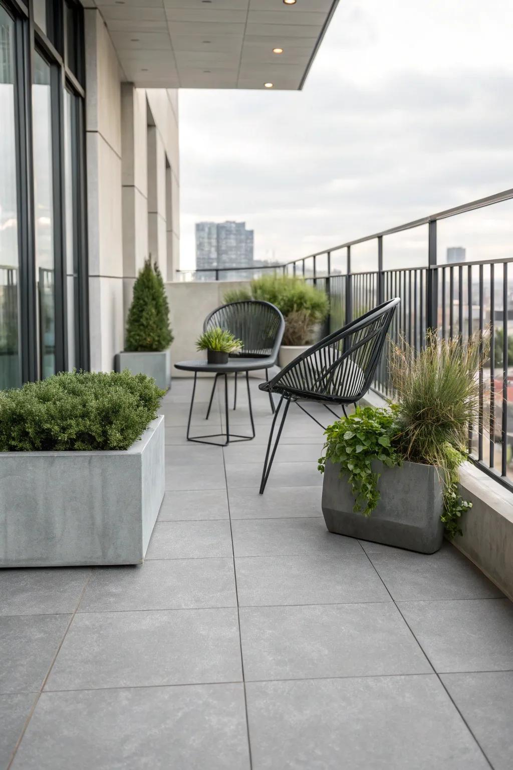 Cement-look flooring adds a city vibe with a smooth, modern look.